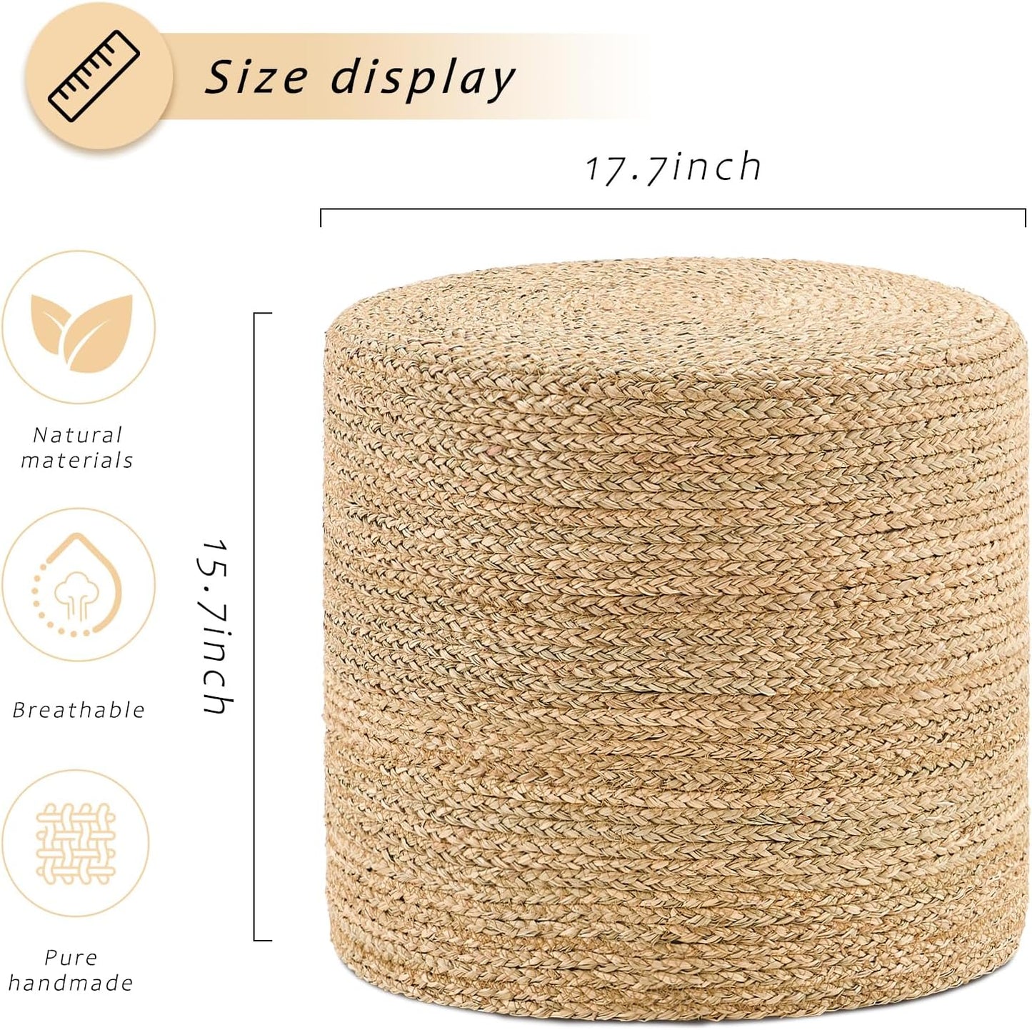 Handwoven Ottoman Pouf, Natural Seagrass Footstool, Round Braided Outdoor Seat with Sturdy Frame, Boho Accent Stool for Patio, Balcony, or Garden (Seagrass)