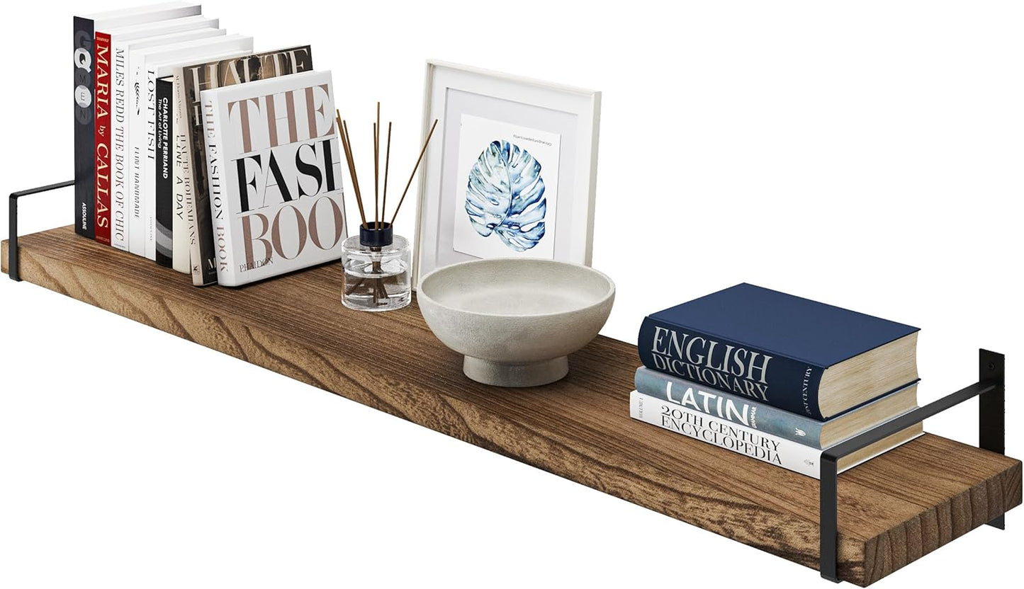 Wallniture Toledo 48 inch Floating Shelf with Heavy Duty Bookend Brackets, Wooden Shelves for Wall, 1pc, Burnt Finish