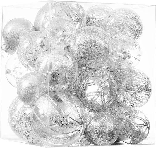 Clear Christmas Ball Ornaments,24ct Shatterproof Plastic Decorative Christmas Ornaments Hanging Xmas Tree Baubles Set with Stuffed Delicate Glittering Decorations for Holiday Party Home Decor (Silver)