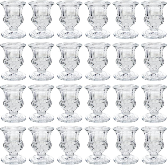 Glass Candle Holders Set of 24- Clear Candlestick Holders & Taper Candle Holders for Wedding Centerpiece Table Decorations, Valentines Day Decor, Party and Romantic Dinner