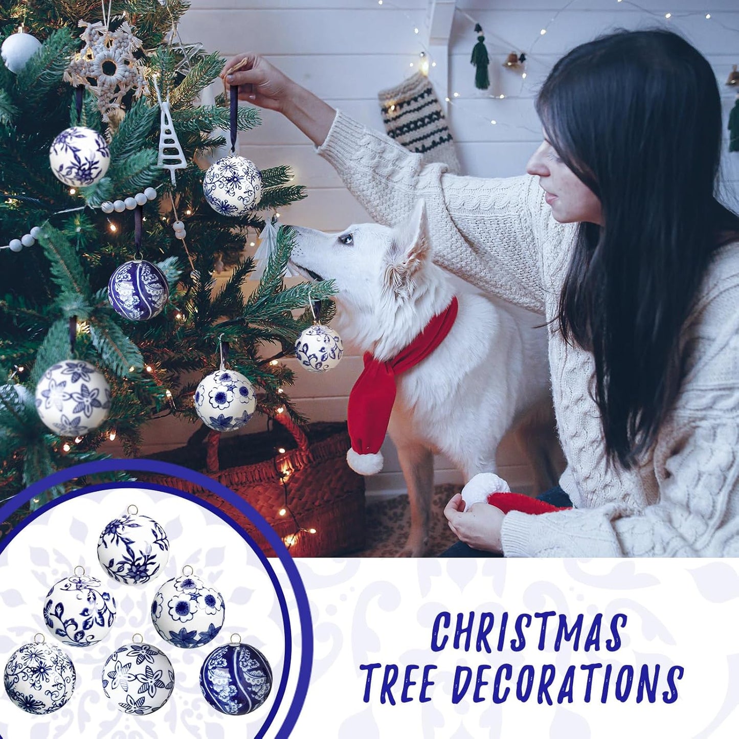 Cindeer 6 Pcs Blue and White Christmas Porcelain Balls 2.4 Inch Porcelain Chinoiserie Ornament Bulk Christmas Ceramic Hanging Decorative for Tree Home Xmas Party (Stylish Style)