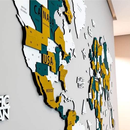 Colorfull Worlds 3D Wooden World Map Wall Art | Unique Wall Decor with Pins for Travel Enthusiasts | Home and Office Wall Décor | Gold-Blue | Medium