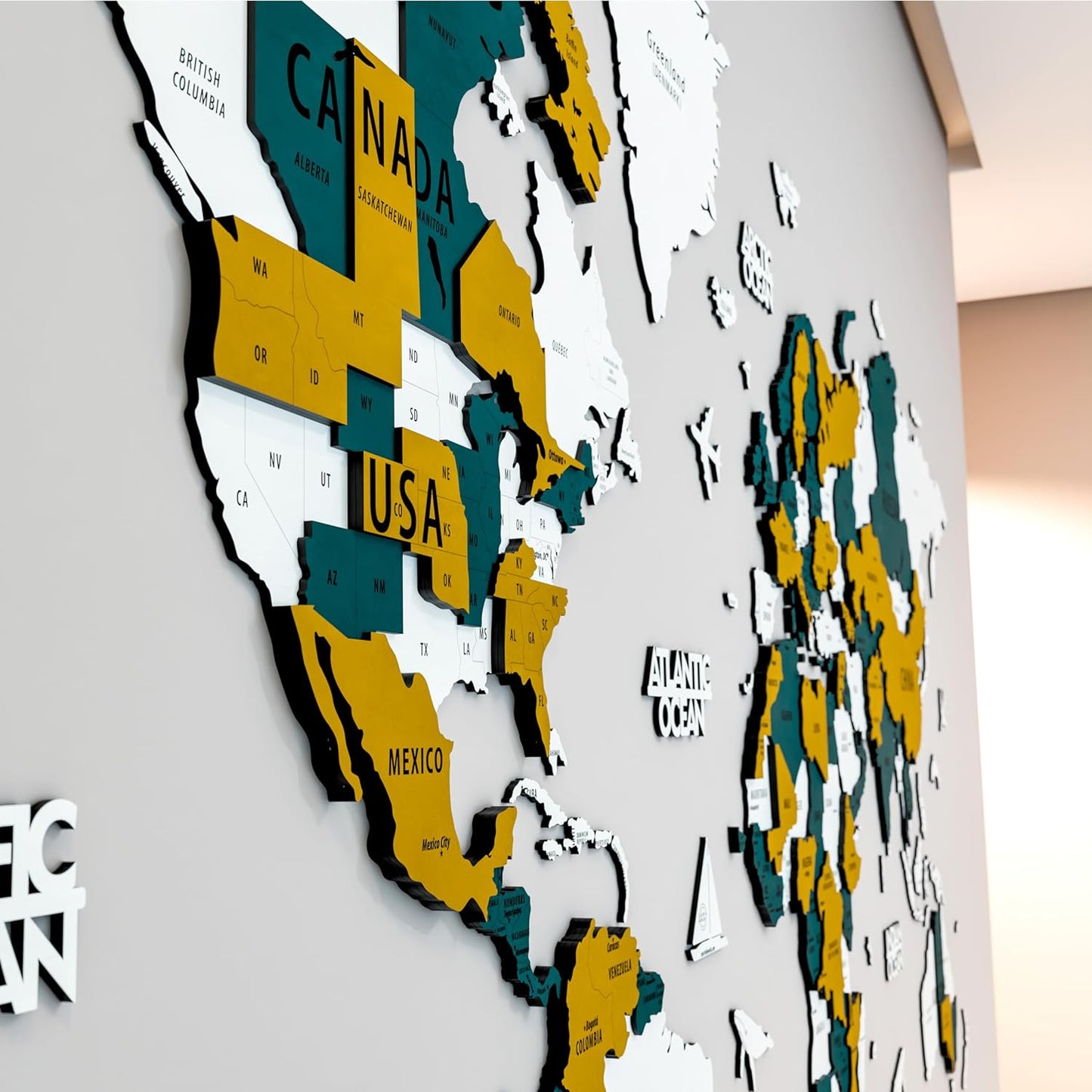 Colorfull Worlds 3D Wooden World Map Wall Art | Unique Wall Decor with Pins for Travel Enthusiasts | Home and Office Wall Décor | Gold-Blue | XXLarge