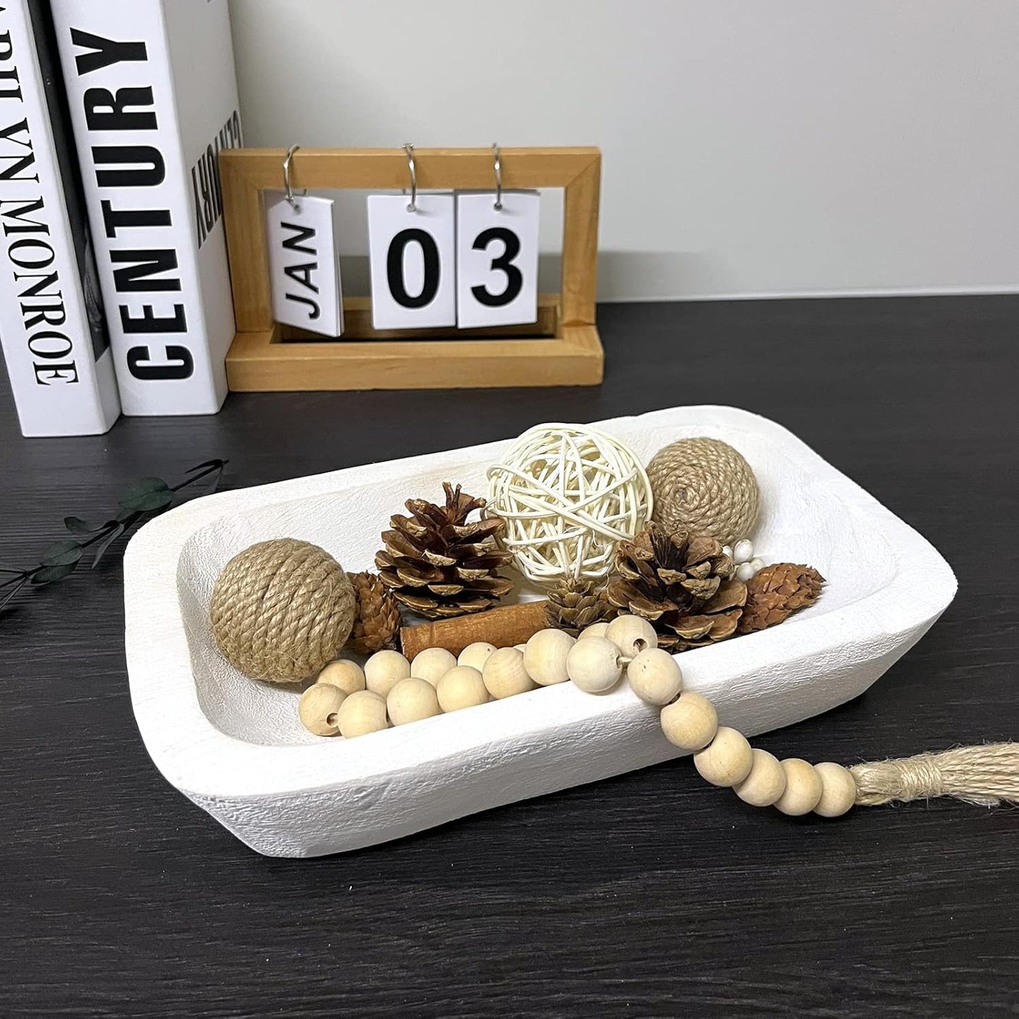 Wooden Dough Bowl Decor, Vintage Wooden Bowl Hand Carved Home Decor for Dining Table Center, Living Room, Kitchen Decor. (10inch white)