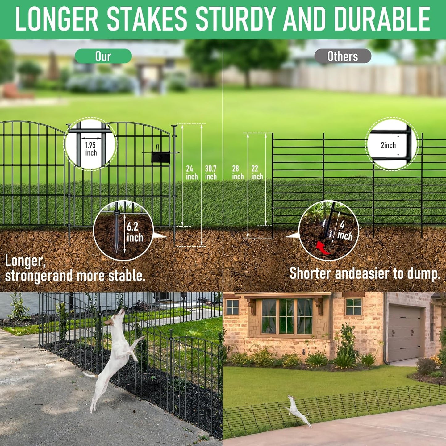 10 Panels Garden Fence Dog Fence Outdoor for Yard, 24in H x 20ft L Rustproof Metal Fencing with Ground Stakes | No Dig Animal Proof Containment for Pets/Rabbits | Durable Patio Security Panels