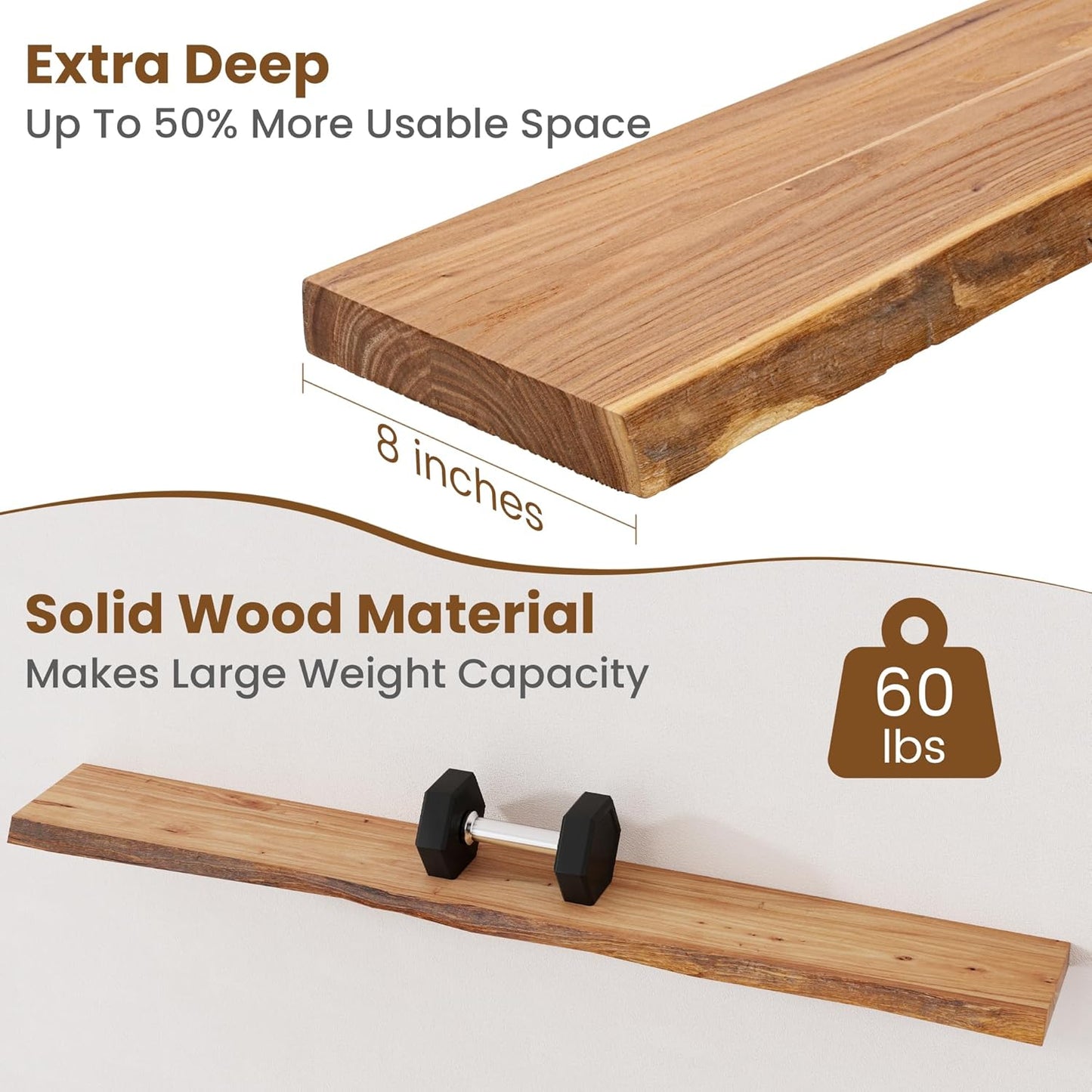 Floating Shelves for Wall Decor, Rustic Solid Elm Wood Floating Shelves Wall Mounted, Wall Shelves with Invisible Bracket for Living Room Bathroom Bedroom Kitchen, 55 Inch, Natural