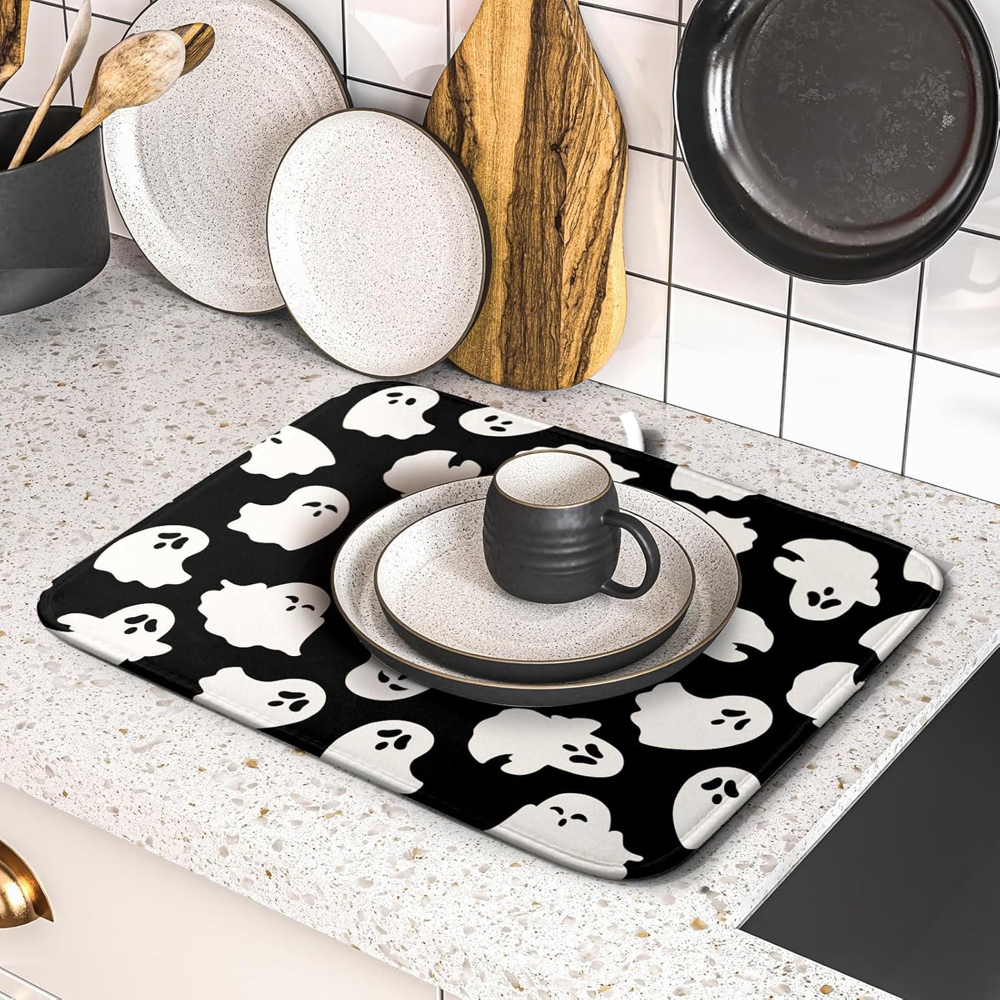Halloween Dish Drying Mat for Kitchen Counter Cute Ghost Holiday Super Absorbent Reversible Microfiber Kitchen Countertop Protector Dishes Pad Small 16x18 inch