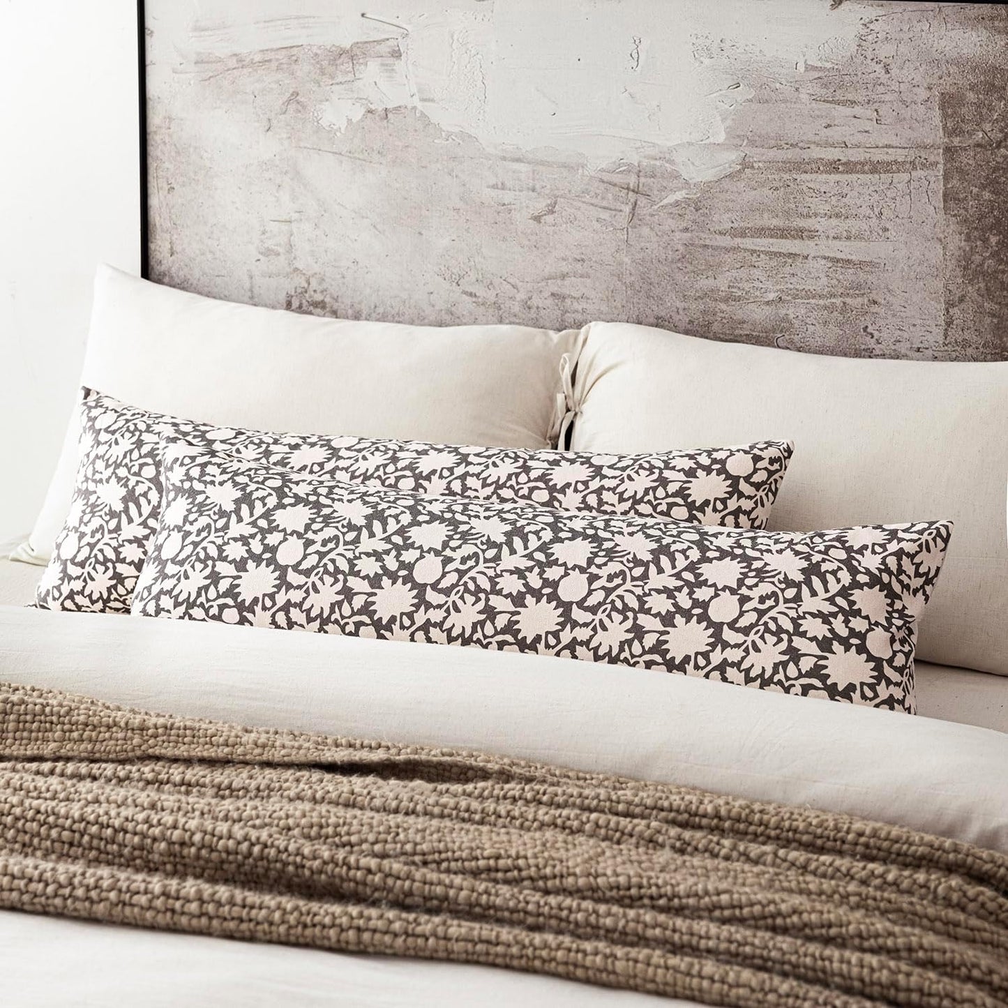 Foindtower Set of 2 Decorative Long Body Lumbar Throw Pillow Covers Accent Farmhouse Cushion Covers Boho Floral Pillowcase for Couch Sofa Bedroom Living Room Home Decor Outdoor,14×36 Inch,Rustic Gray