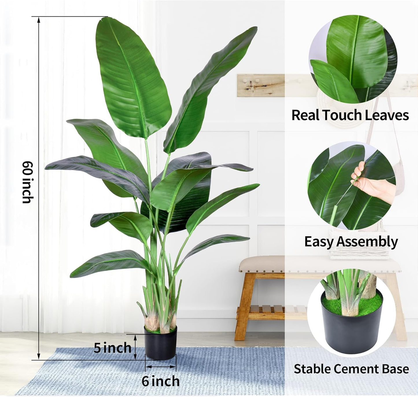 2Packs 5FT Artificial Bird of Paradise Plant,Faux Palm Tree Potted Plant with Real Touch Leaves,Fake Trees for Home Living Room Office Indoor Outdoor Decor(5 FT-2Packs)