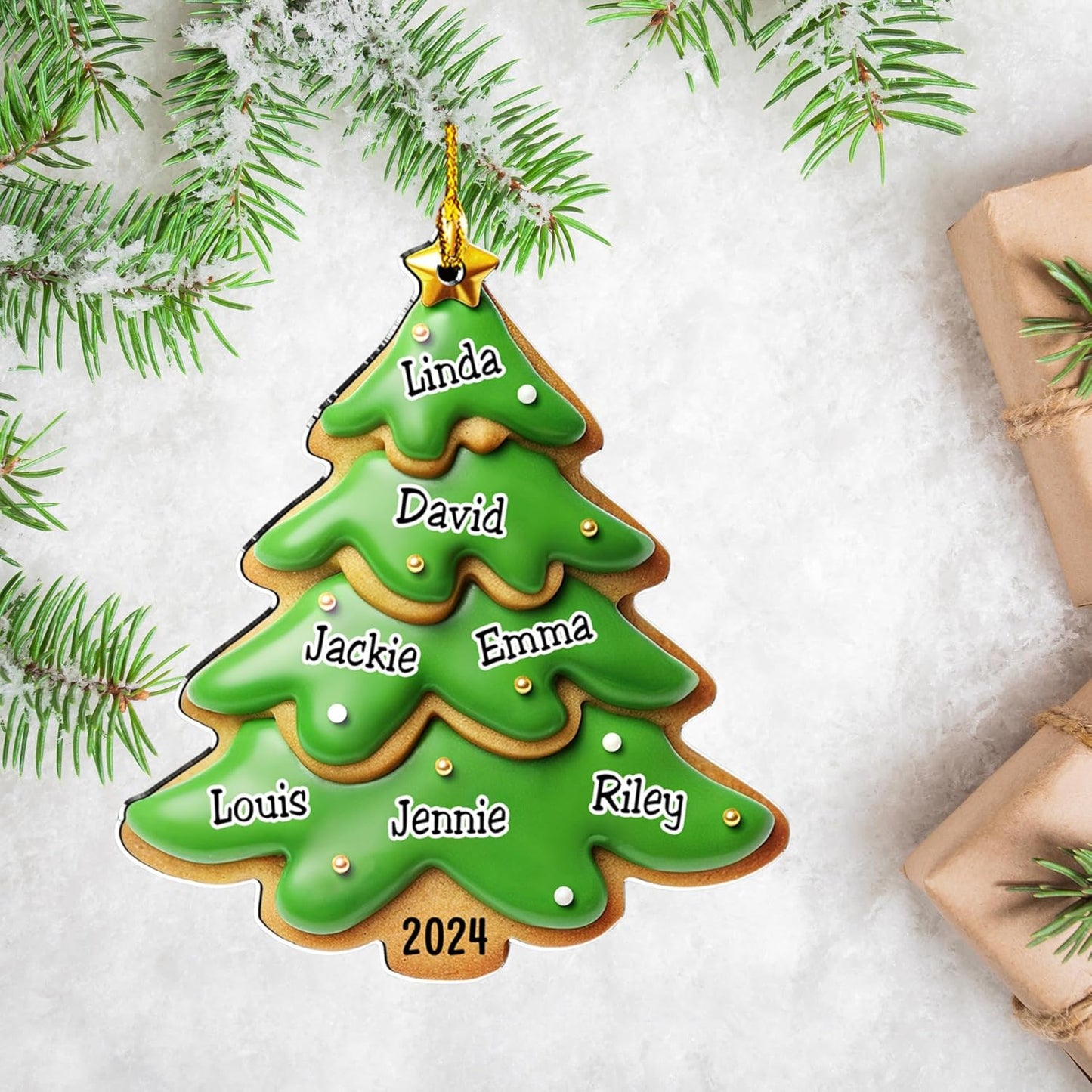 Family Gingerbread Name - Personalized Custom 3D Inflated Effect Acrylic Ornament Family Members and Pets Ornament Gifts for Family Tree Decoration (A05, 4 Names)