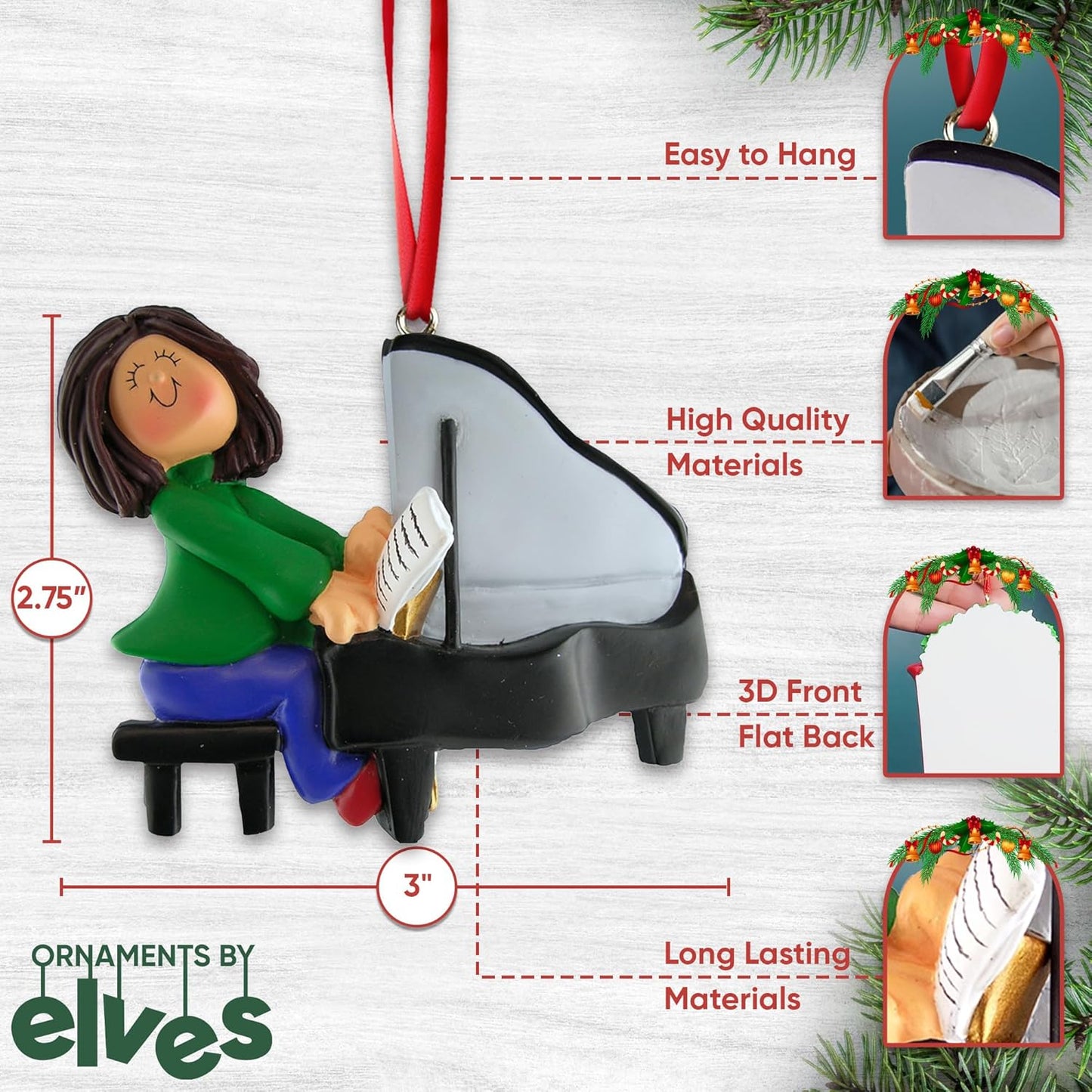 Personalized Music Ornaments 2024 - Brunette Girl Grand Piano Ornaments for Christmas Tree Musical Instrument Ornaments Music Lovers Musical Christmas Decorations Music Christmas Ornaments by Elves