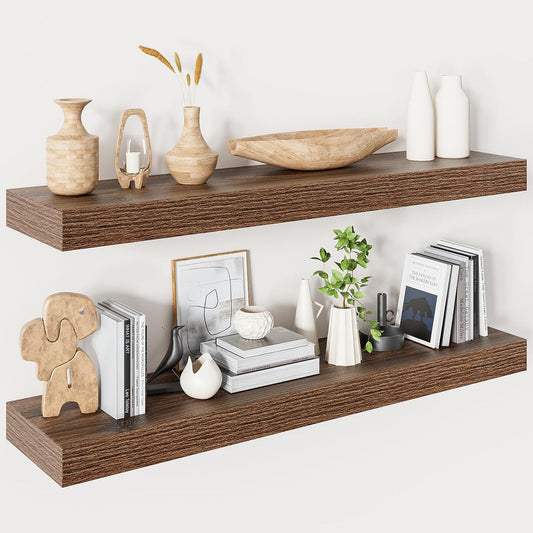 Heimlove Floating Shelves for Wall 36 Inches Long,9.3" Deep Walnut Floating Shelf Set of 2,Wall Mounted Shelves for Bathroom Bedroom Living Room Kitchen Office,Shelf for Books Storage,Home Decor