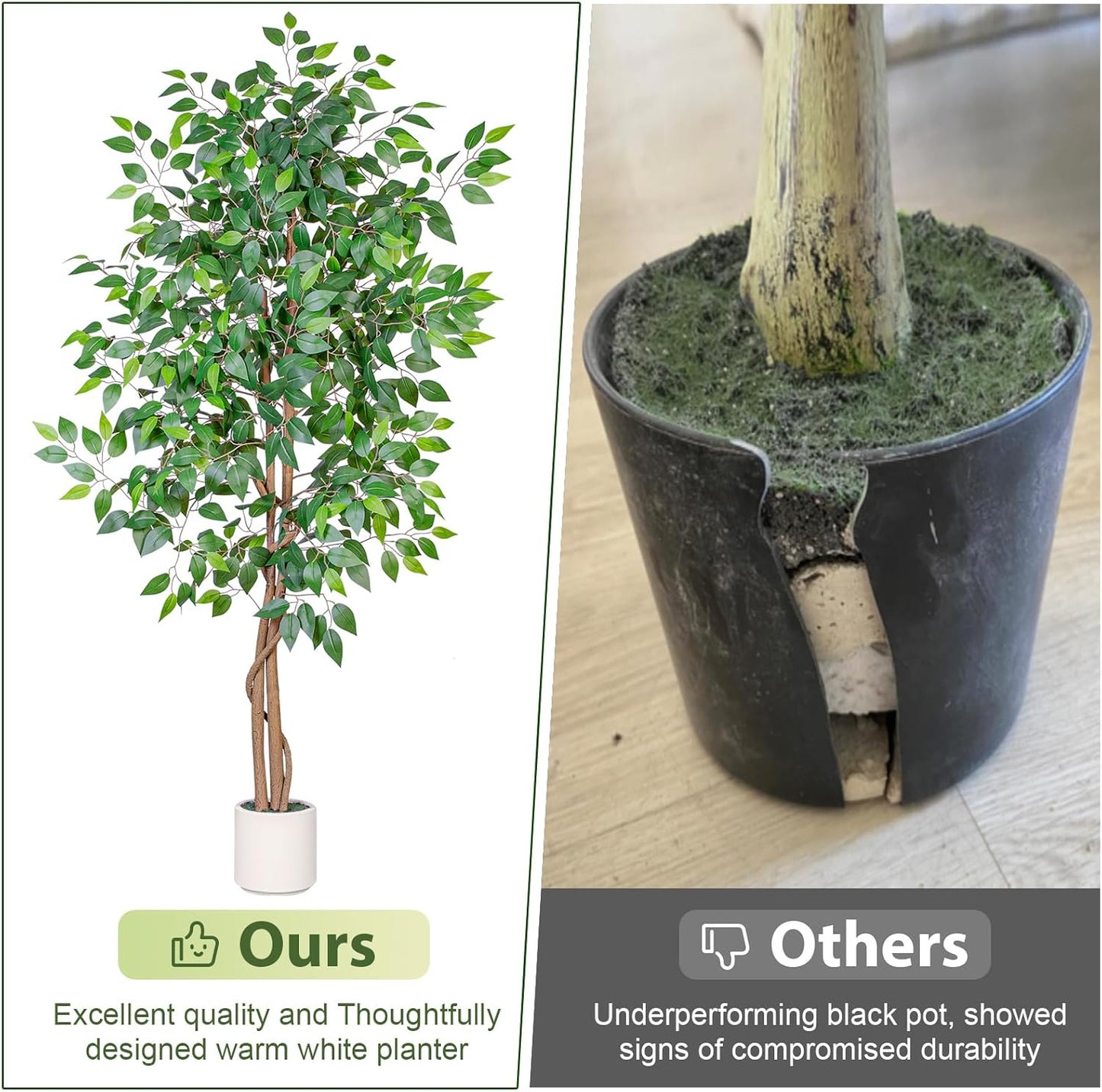 6FT Artificial Ficus Tree with White Planter, Realistic Faux Silk Indoor Outdoor Plant for Home Office Living Room, Porch, Garden Decor