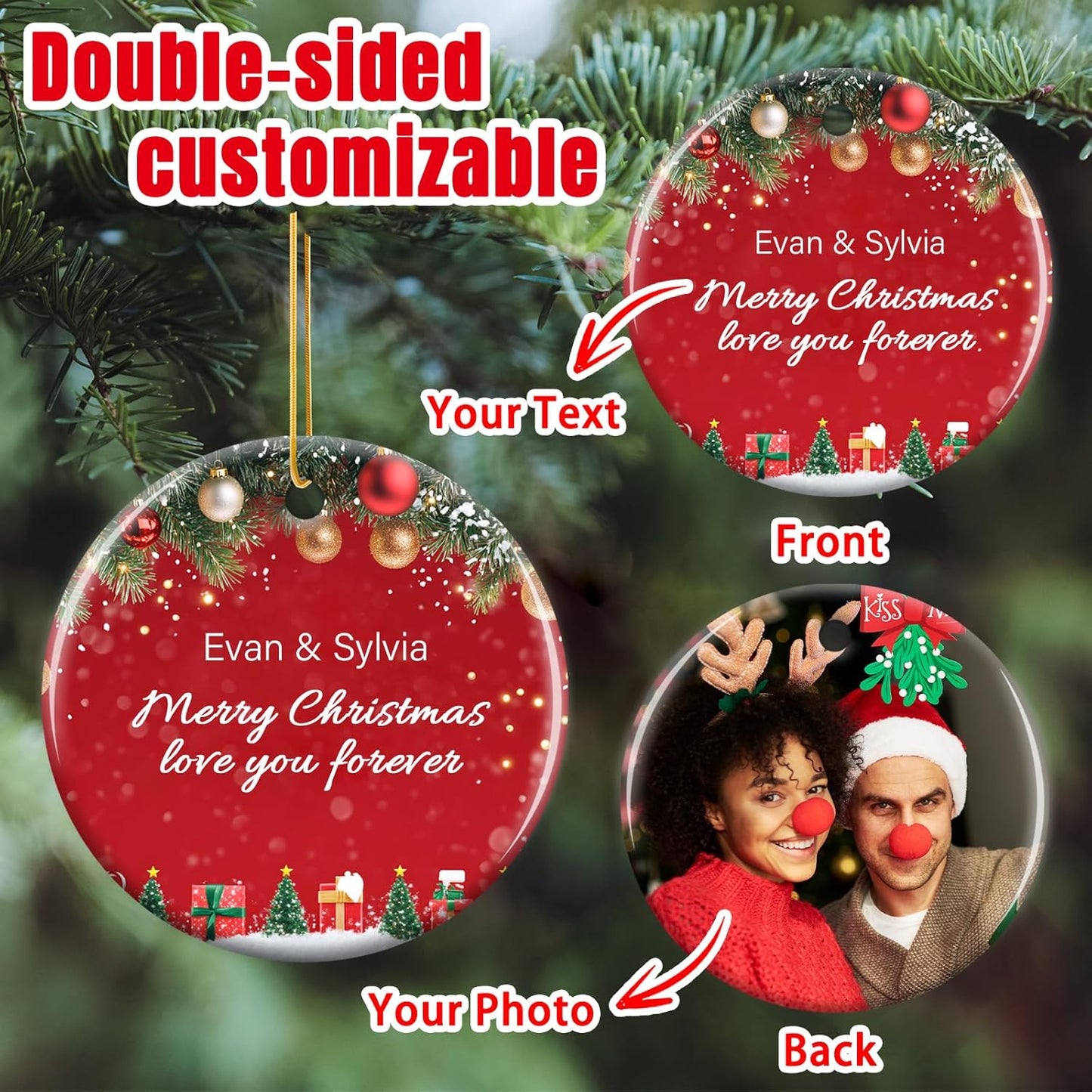 Personalized Christmas Ornaments 2025 - Custom Double-Sided Photo Ceramic Xmas Tree Hanging Decor, Unique for Family Friends (A01-Ceramic Style)