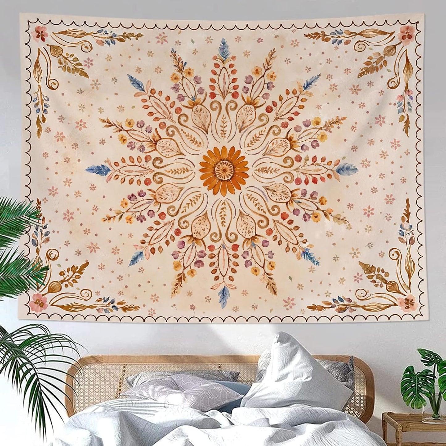Fowocu Boho Floral Mandala Tapestry for Bedroom Aesthetic Watercolor Bohemian Flower Wall Tapestry Brown Beige Hippie Indian Tapestries Wall Hanging for Living Room Dorm Decor 60 x 44 Inch