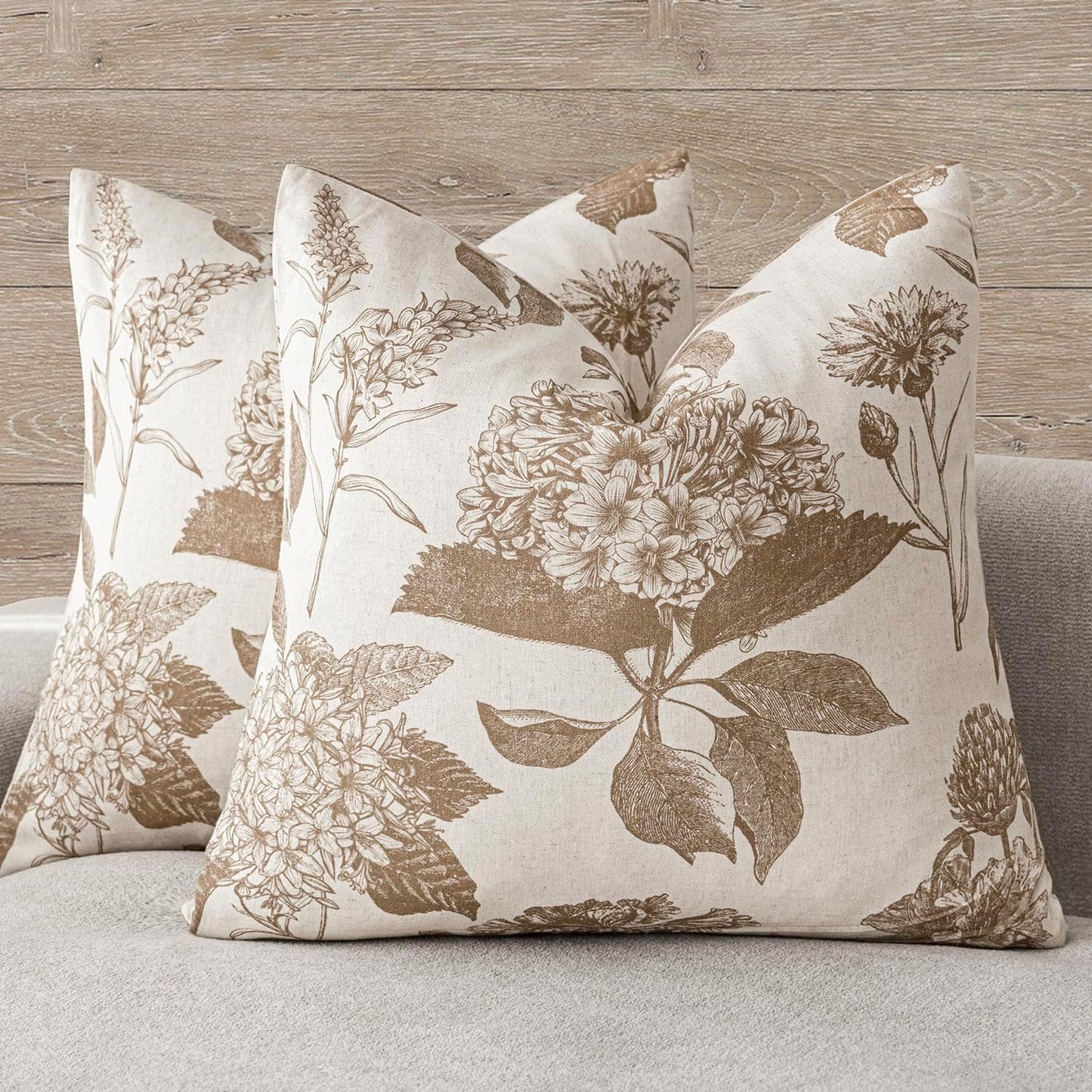 Foindtower Set of 2 Linen Floral Vintage Throw Pillow Covers Neutral Accent Decorative Cushion Covers Farmhouse Boho Home Decor for Sofa Chair Couch Bedroom Living Room Outdoor,18×18 Inch,Light Brown