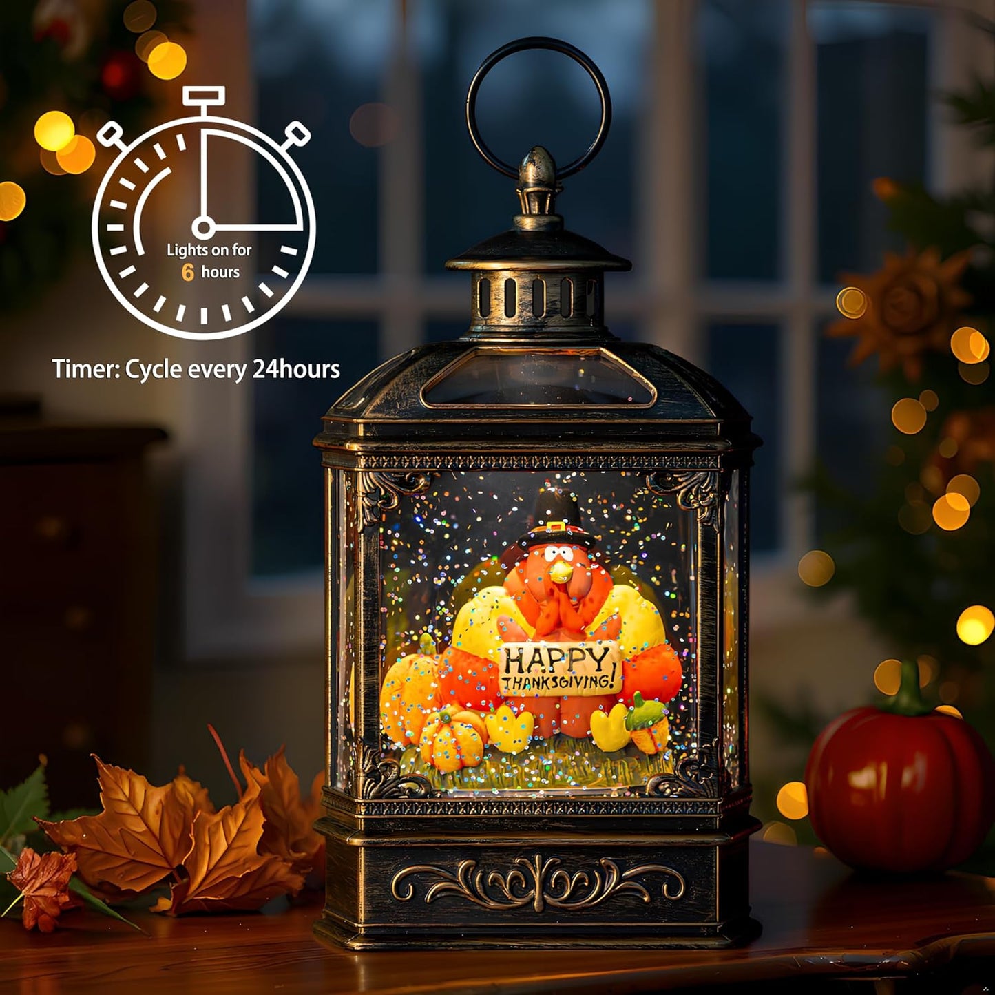 Fall Snow Globe Lantern -Thanksgiving Turkey with Pumpkins Spinning Water Lantern with Swirling Glitter Fall Decorations for Home, Thanksgiving, Autumn Harvest Fall Decor