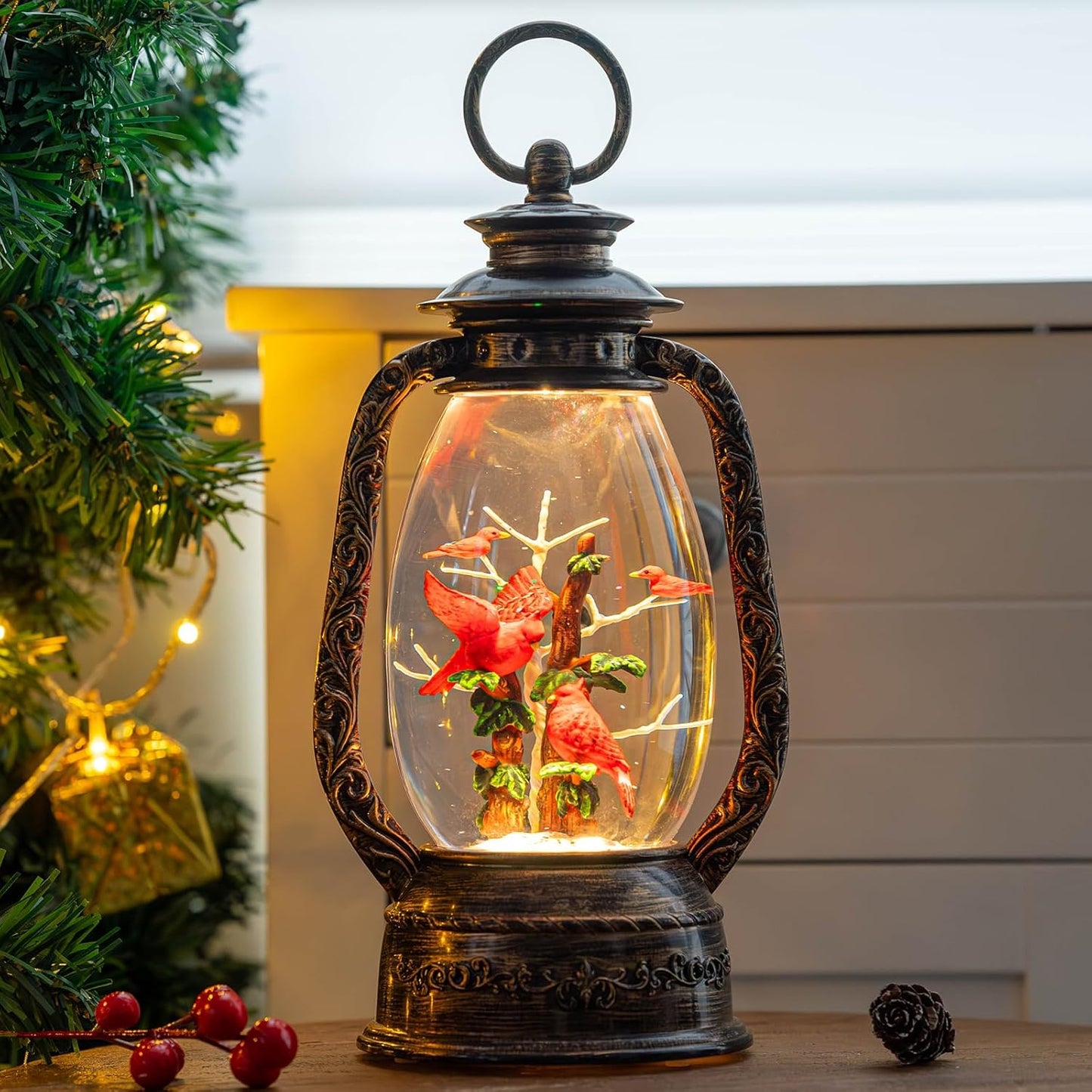 Christmas Snow Globe Lantern Water Glittering 12'' Cardinal with Music, USB Lined/Battery Operated Lighted Lantern for Christmas Festival Decoration Gifts