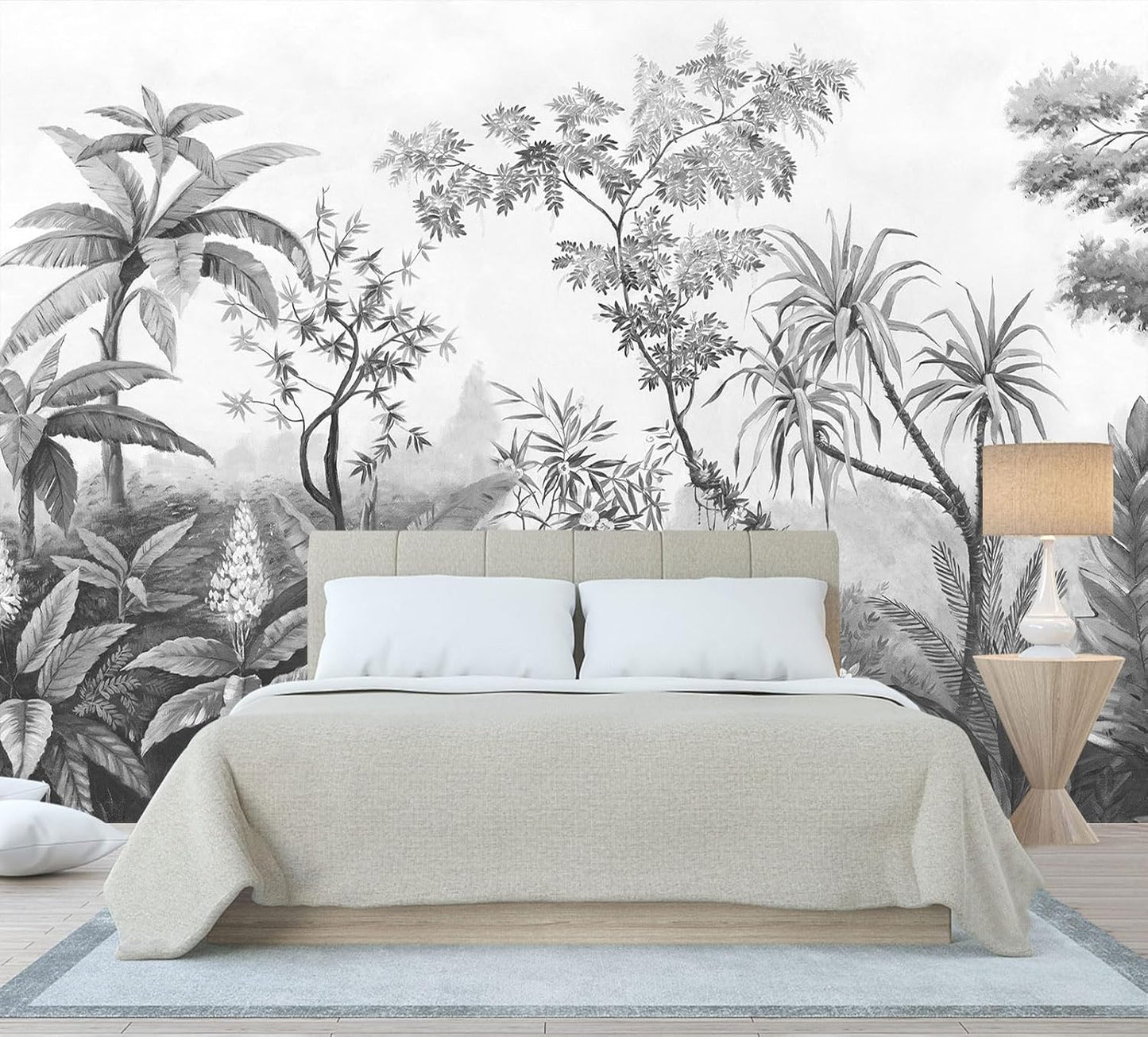 Gray Tropical Rainforest Botanical Wallpaper Bedroom Hand-Painted Oil Painting Jungle Plant Wall Mural Living Room (Not Peel and Stick)