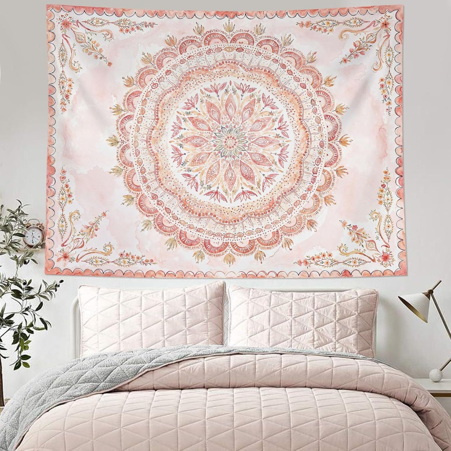 Fowocu Boho Floral Mandala Tapestry Wall Hanging Pink Bohemian Flower Medallion Tapestry Aesthetic Watercolor Hippie Indian Small Tapestries for Bedroom Living Room Dorm Decor 48 x 36 Inch