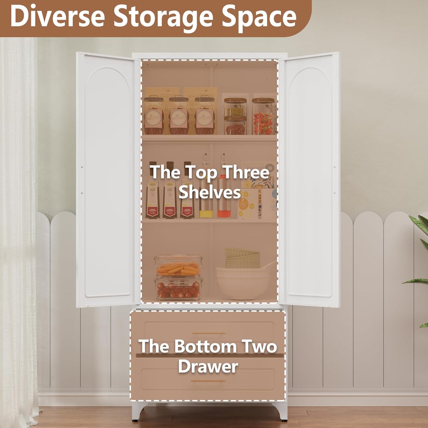 Kitchen Pantry Cabinet, 75" Tall Metal Pantry Cabinet with Two Drawers, Food Cupboards with Doors and Shelves, Freestanding Storage Cabinets for Dining, Living Room, White, Assemble Required