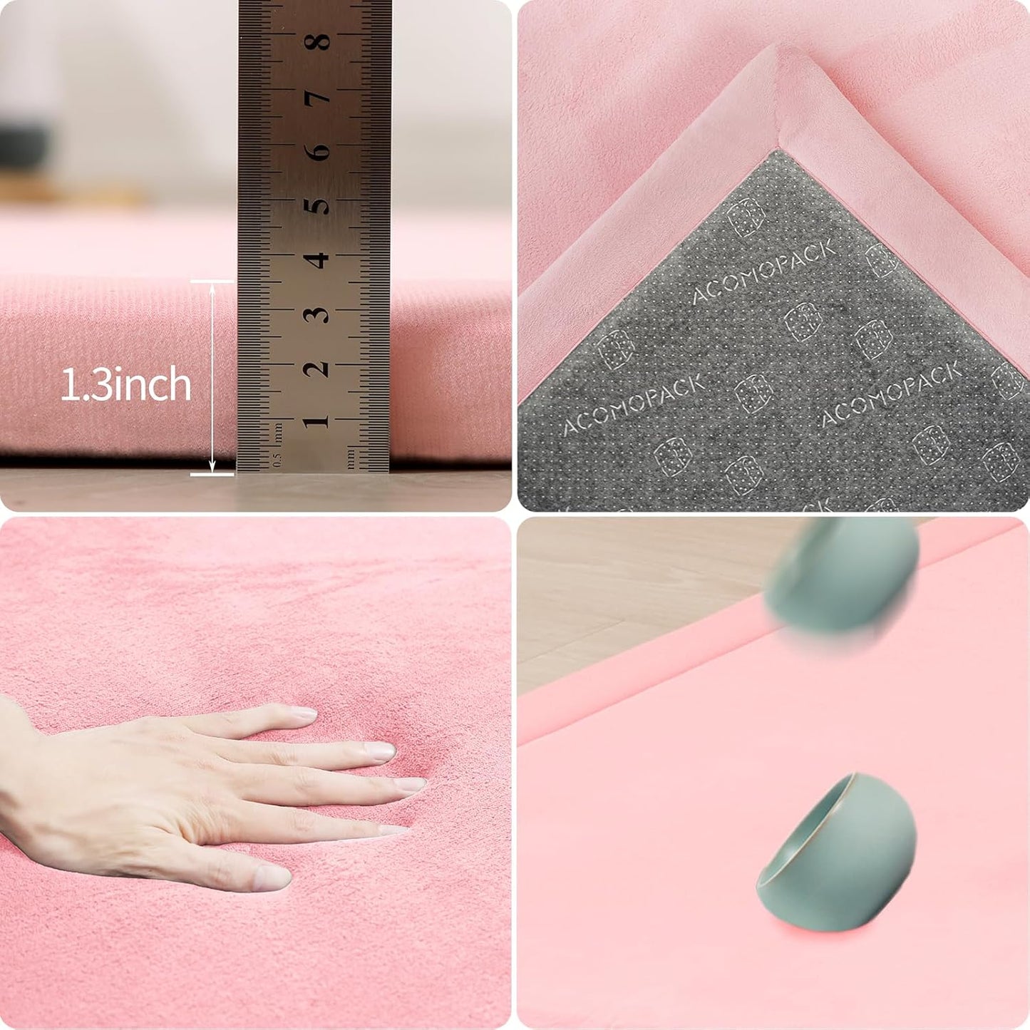 ACOMOPACK Baby Play Mat for Floor 1.3" Thick Memory Foam Play Mat 39"×59" Tummy Time Crawling with Non-Slip Bottom for Living Room,Nursery,Soft Velvet Playpen Mats for Kids,Infants（Pink）