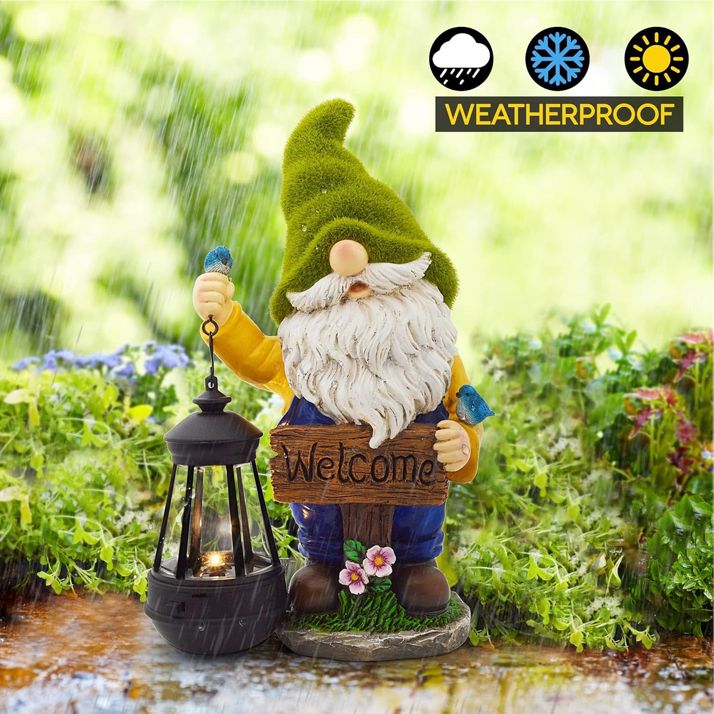 Garden Gnomes Outdoor - Flocked Gnome Statue Holding Lantern with Solar LED Lights | Gnomes Garden Decorations for Patio, Yard, Lawn Ornaments - Gnome Gifts