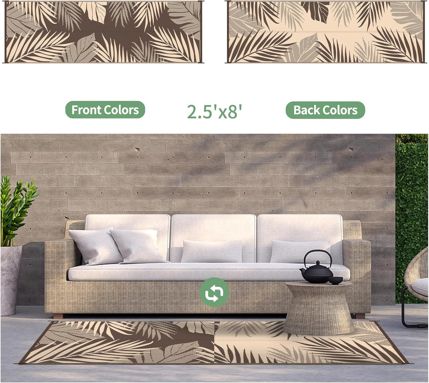 GENIMO Outdoor Rug 2.5' x 8' Waterproof for Patios Clearance, Reversible Outdoor Plastic Straw Camping Rug Carpet, Large Area Rugs Mats for RV, Camper, Deck, Balcony, Porch, Beach, Coffee&Beige