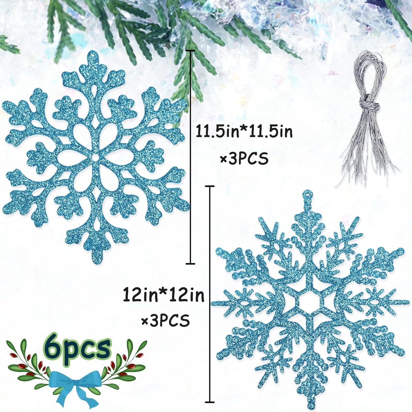6pcs Large Snowflakes Ornaments Blue 12” Big Plastic Glitter Snowflake for Winter Indoor Outdoor Christmas Tree Window Room Decorations Giant Craft Snowflakes