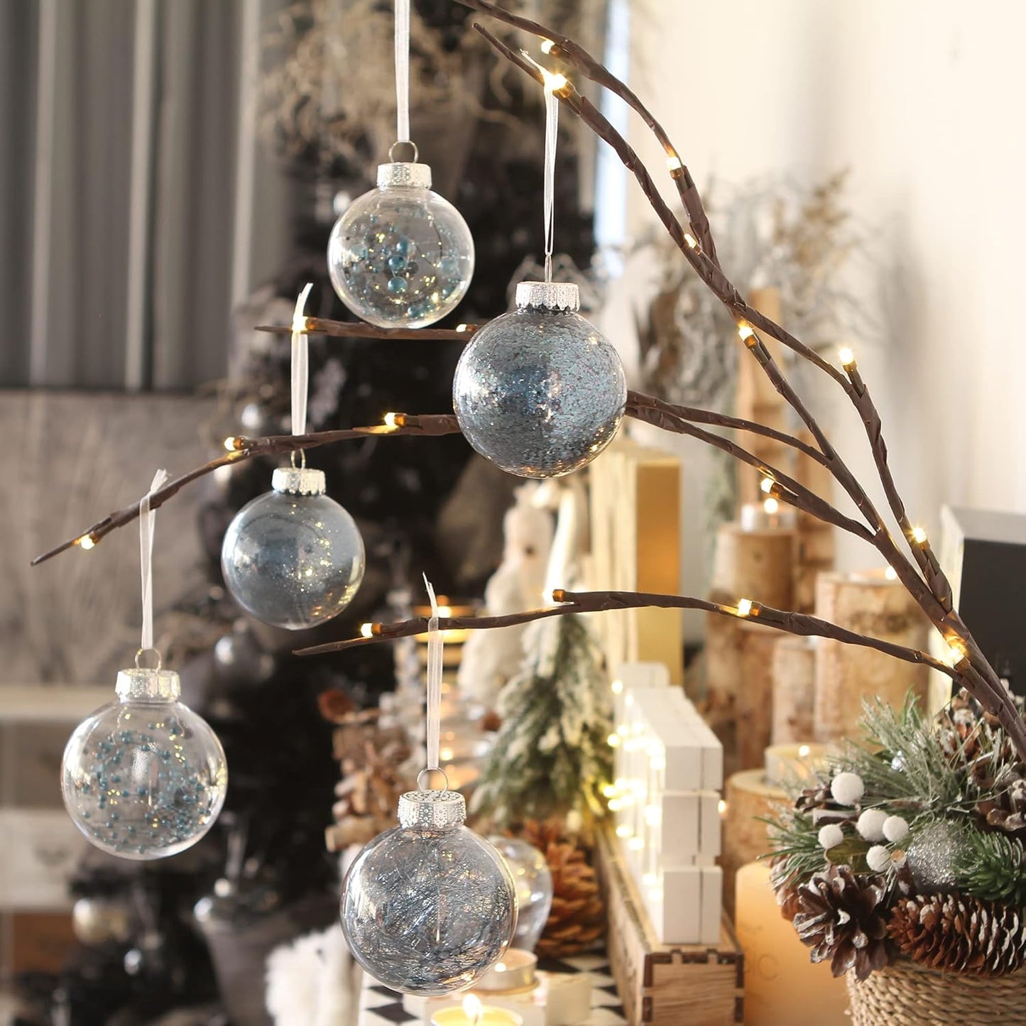 Sea Team Shatterproof Clear Plastic Christmas Ball Ornaments Decorative Xmas Balls Baubles Set with Stuffed Delicate Decorations (70mm/2.76 inch 24-Pack, Stone Blue)