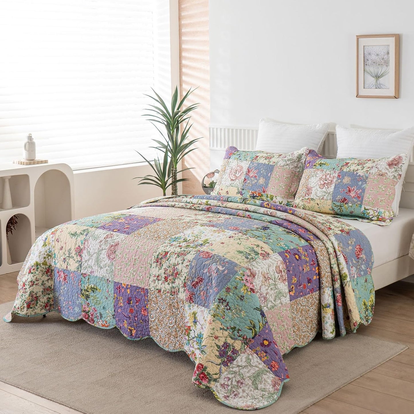 YAYIDAY Quilts Queen Size Patchwork Bedspread Set - 100% Cotton Reversible Breathable Floral Quilted Quilt with Pillow Shams Fit All Season