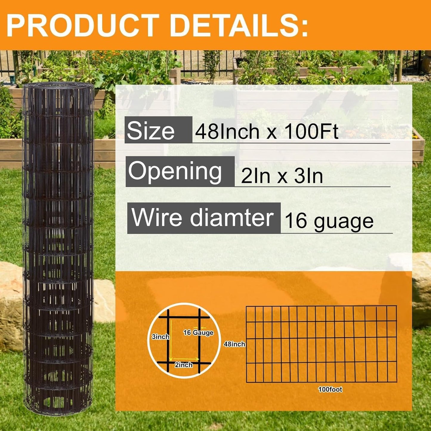 Garden Fence 48in x 100ft, 2 x 3 Inch 16GA, Chicken Wire Mesh Garden Border Fencing Roll Vinyl Coating Metal Wire Mesh Hardware Cloth for Yard Vegetable Plant Protection Poultry Netting