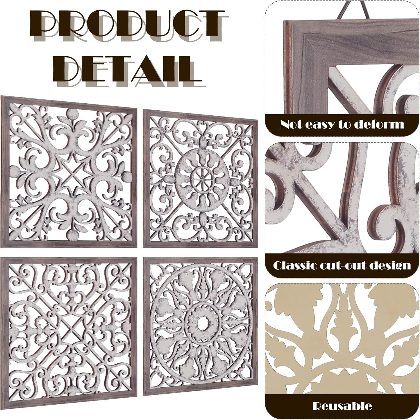 Tatuo 4 Pcs Wood Art Wall Decor Farmhouse Decorative Wood Panels Modern Wall Decor for Living Room Home Kitchen Dining Room(Square,Brown, White)