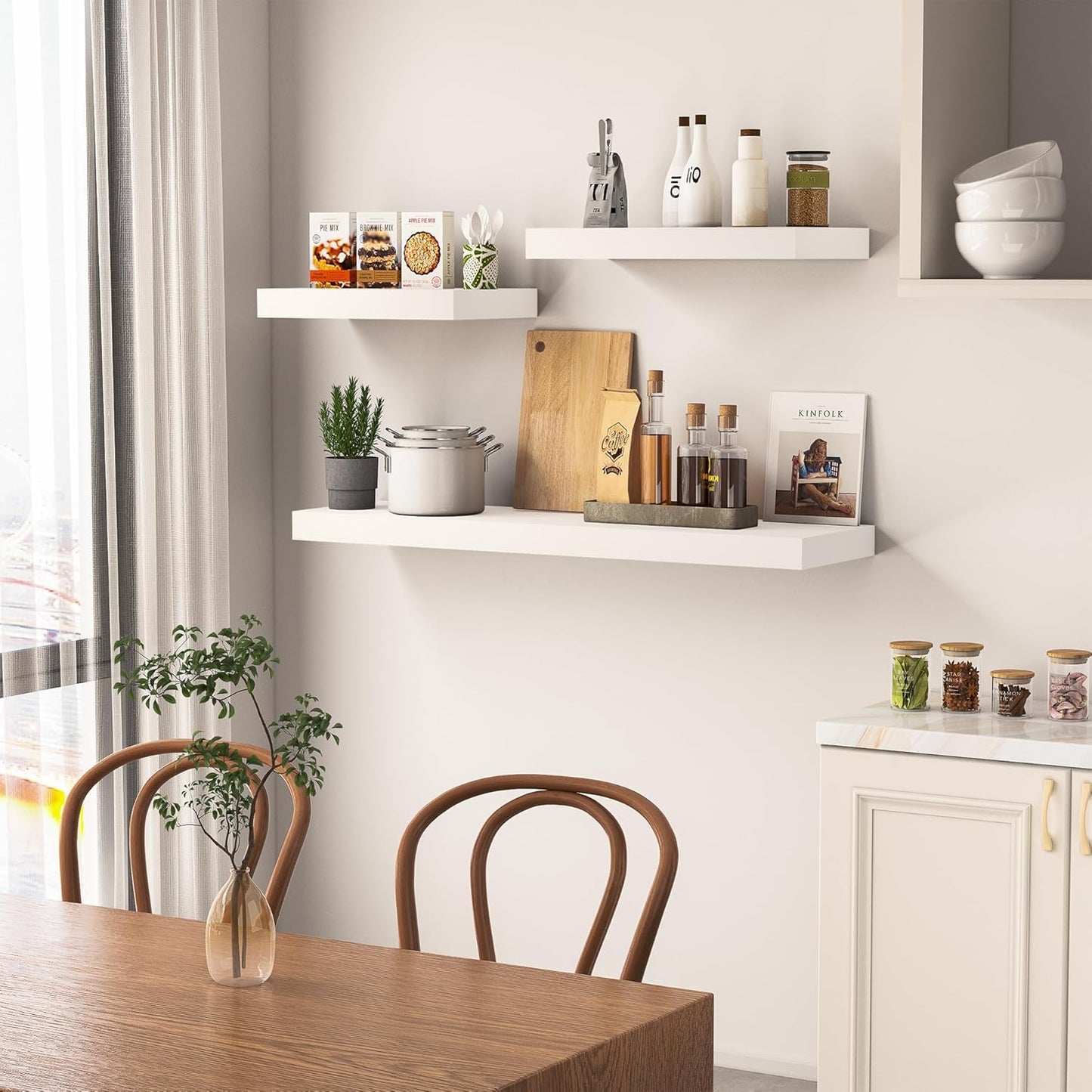 White Floating Wood Shelves for Wall 48 Inch, 8 in Deep Pine Shelf Floating Home Decor, Heavy Duty Shelf Hold 100 lbs, Wall Shelves for Bathroom Living Room Kitchen Bedroom Office Book, Set of 2