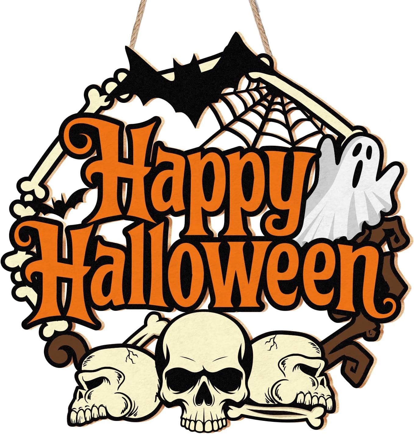 Halloween Door Wreath, Happy Halloween Sign Wooden Ghosts Skulls Bats Halloween Wreaths for Front Door, Halloween Door Decorations Indoor Outdoor Sign