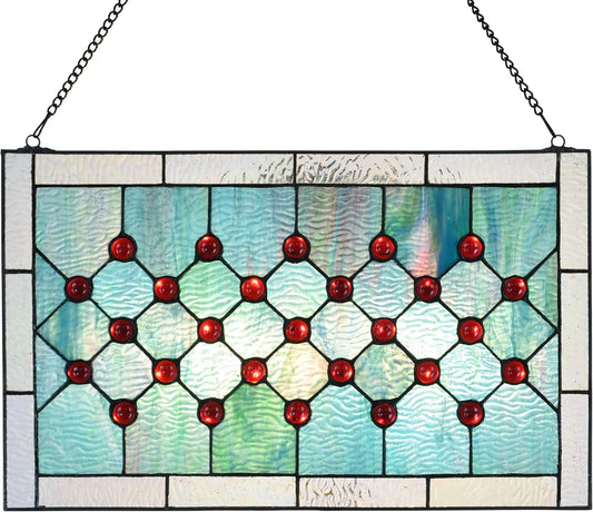 Tiffany Stained Glass 19.25" x 11.75" Window Panel, 100% Genuine Stained Glass and Cabochon, Handcrafted 73 Pieces, 9.25 by 11.75-inch, Hanging chain included, Blue/Green.