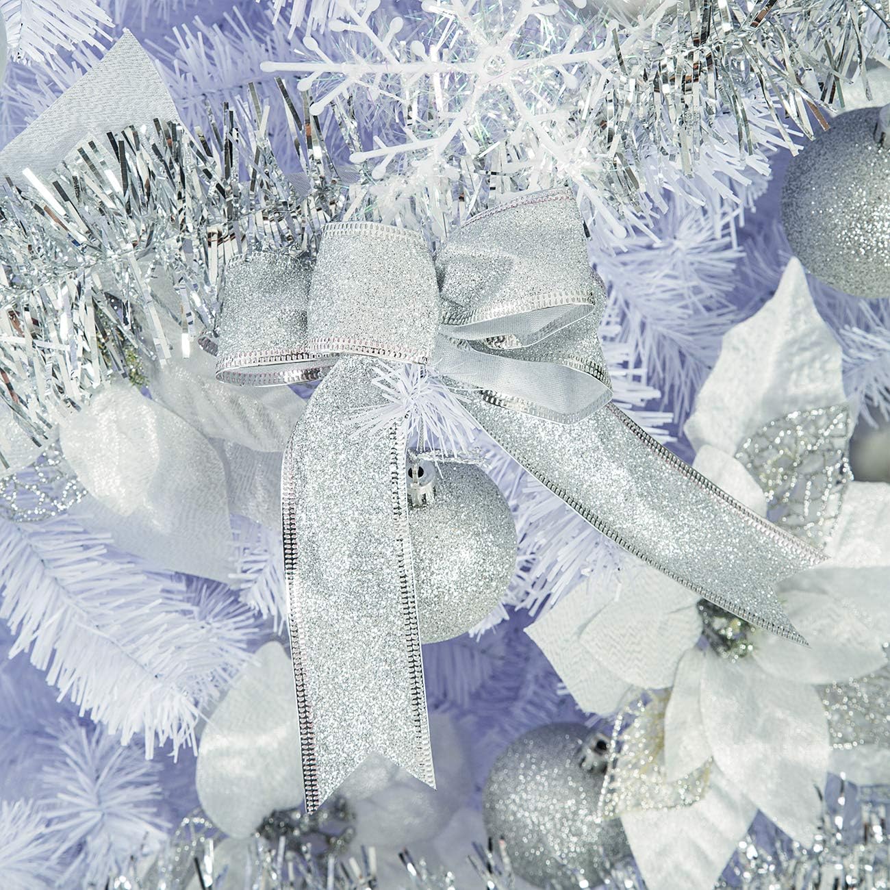 Sunnyglade 94 PCS Christmas Tree Ornaments Set with Glitter Poinsettia, Bows, Ribbons, Leaves & Assorted Decoration Ball for Xmas Tree Holiday Wedding Party Decorations (Silver White)