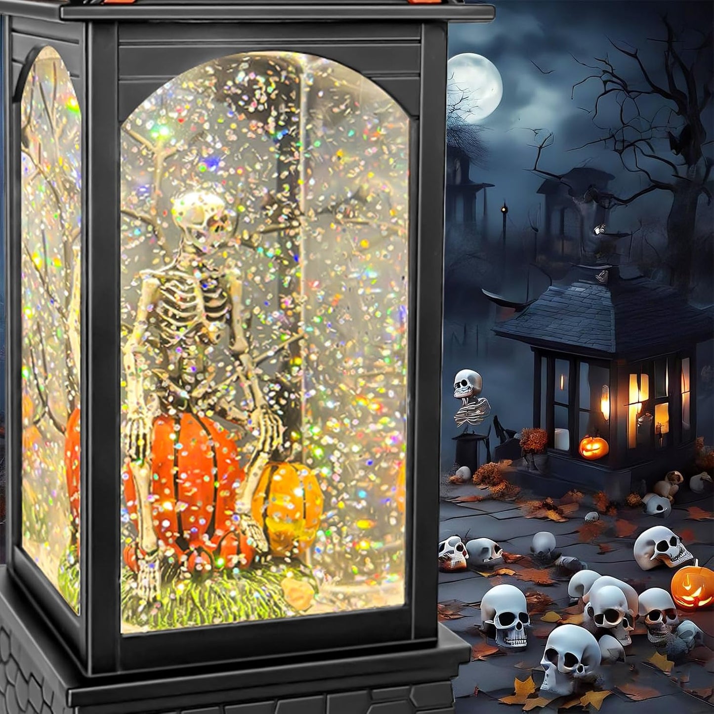 Halloween Snow Globe Lantern, Spooky Ghost Halloween Decor, Plug-in & Battery Operated Snow Globes for Halloween Decorations Indoor