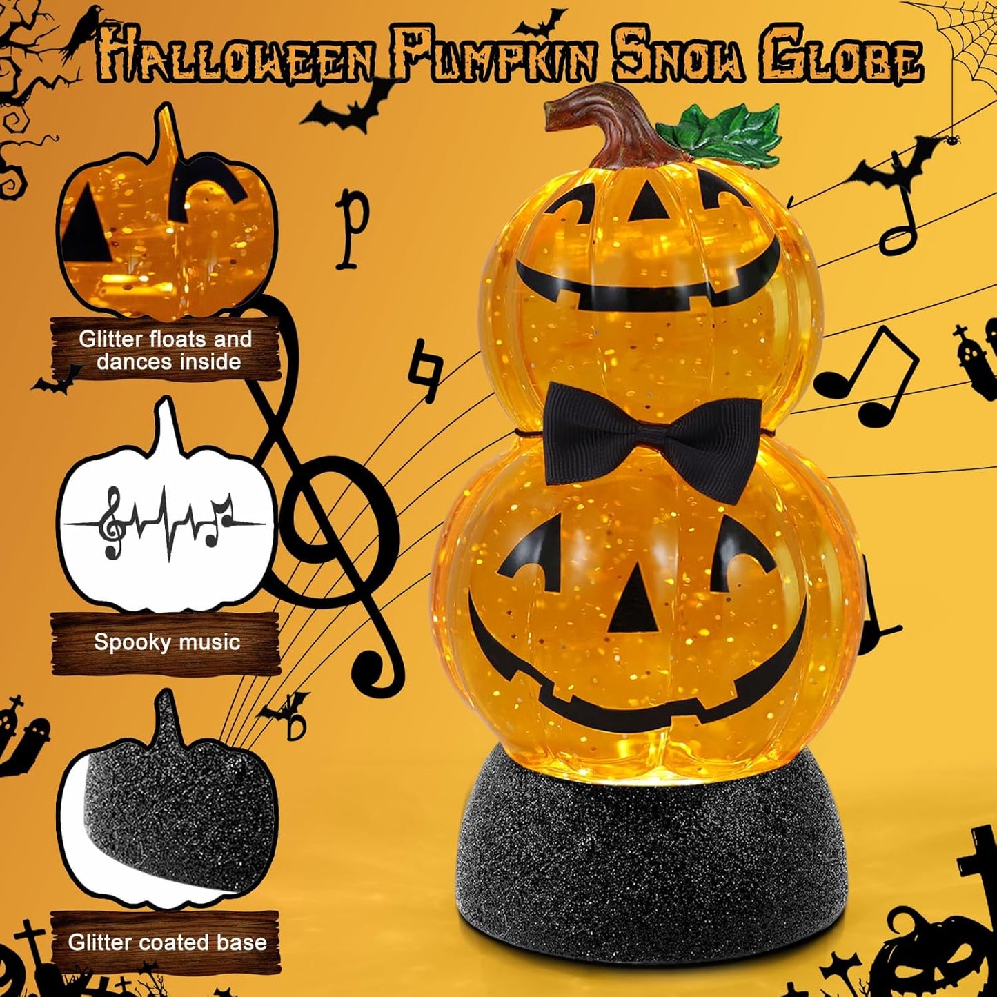 Halloween Snow Globe Lantern Lighted Pumpkin Musical Snow Globe Glitter with 6H Timer Battery and USB Operated Halloween Snow Globes Water Lantern for Spooky Festival Party Decoration (Pumpkin)