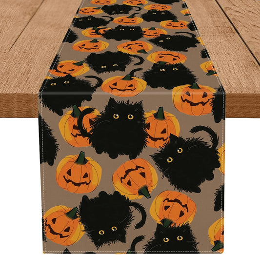 Halloween Table Runner Black Cat Pumpkins Seasonal Kitchen Dining Table Home Outdoor Party Decorations 13x108 Inch