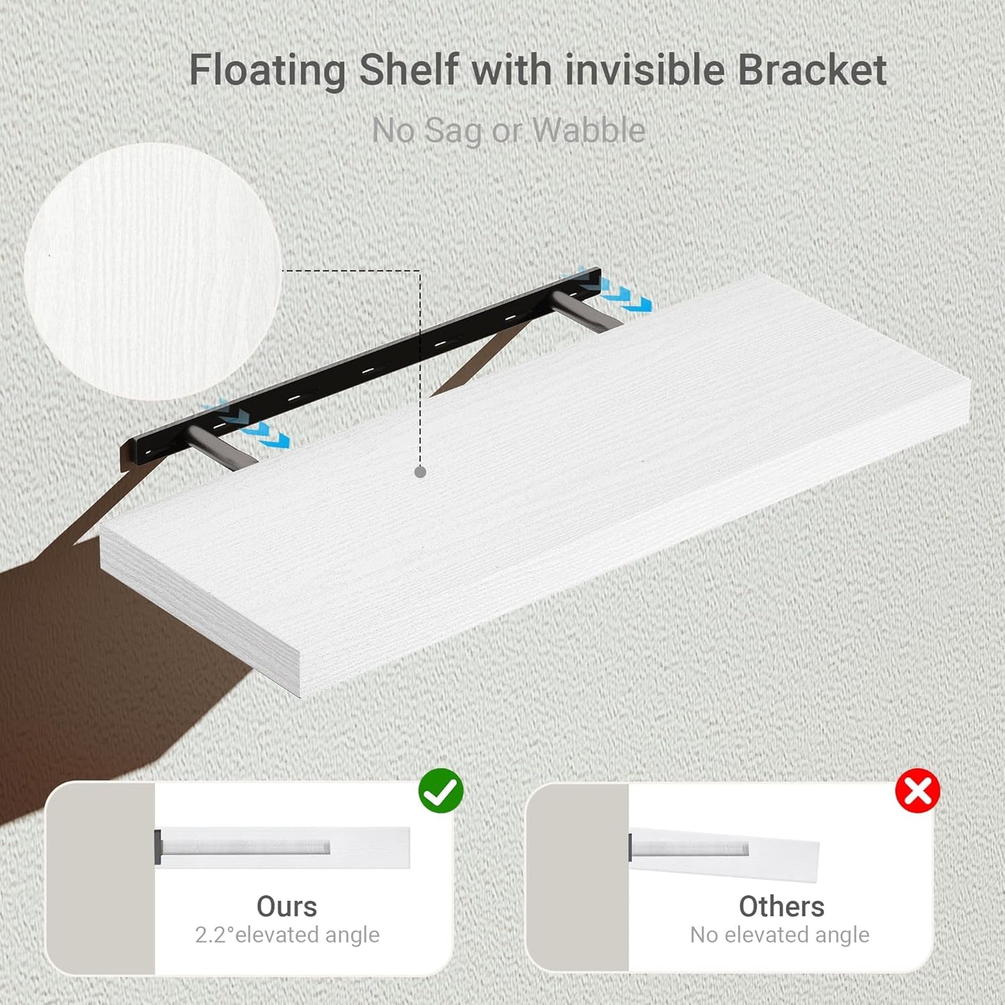 Floating Shelves for Wall 24 inchs Long, 9.1” deep x 1.5” Wall Shelf for Bedroom, Bathroom, Living Room, Kitchen, Office Home Decor, Deep Wood Shelves with Invisible Brackets, Set of 2 White