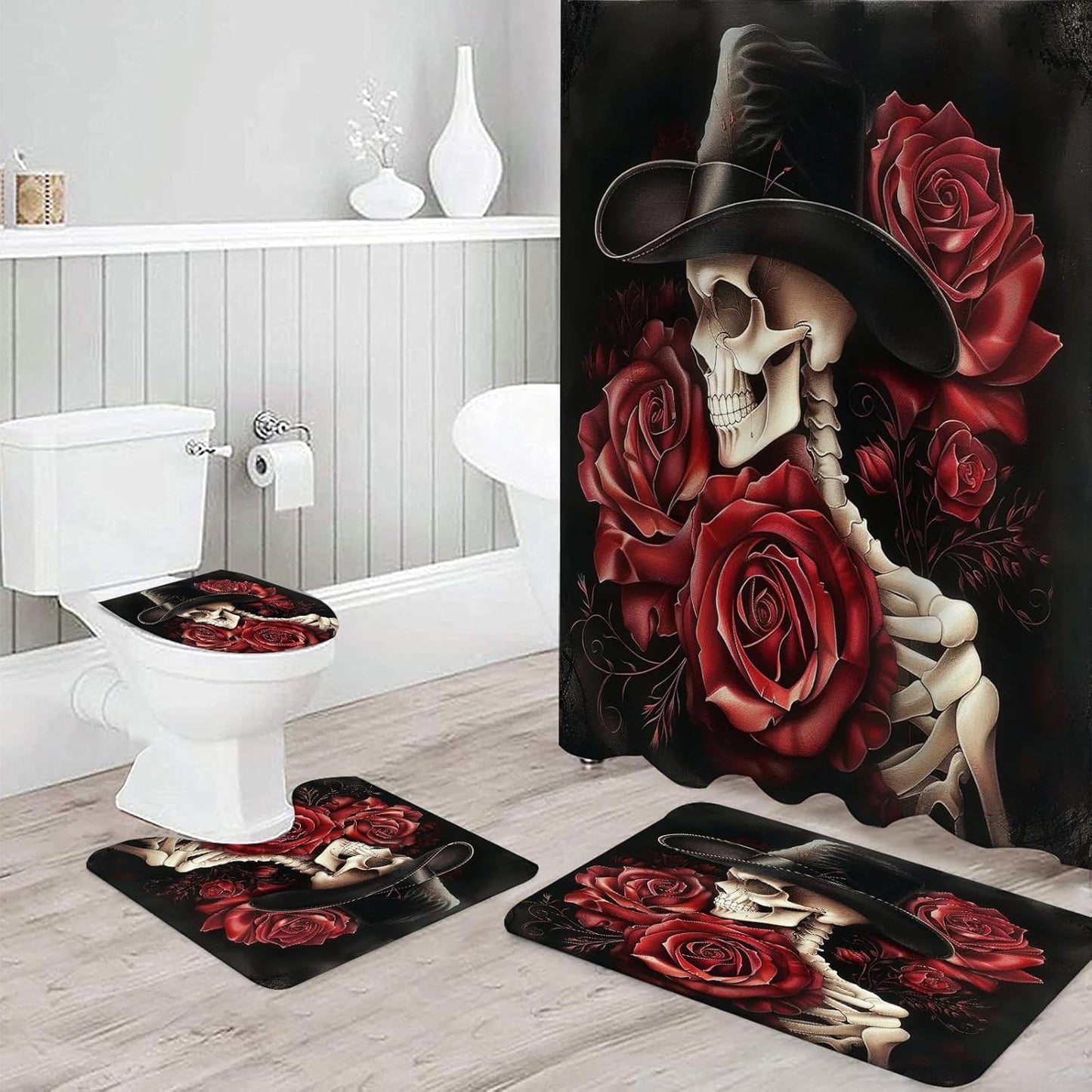 NEWSUYAA Halloween Decorations Shower Curtain Set with Non-Slip Rugs and Bath Mats,Black Skull Skeleton Bathtub Curtains with 12 Hooks,All Saints'Day (Nov 1st) Bathroom Decor