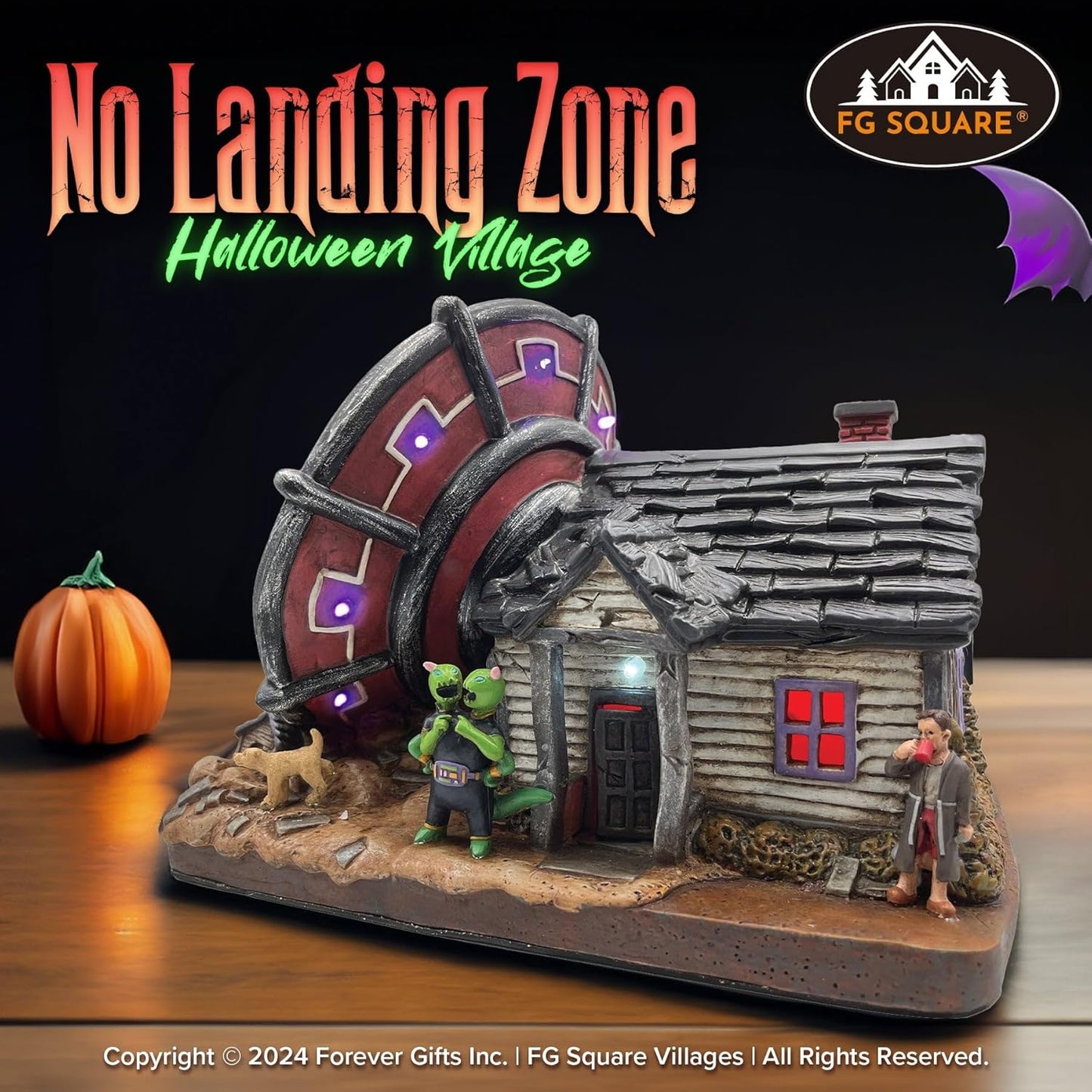 No Landing Zone Alien Theme Spooky Halloween Village Multi-Color LED Lights 10" x 7" x 7.5"