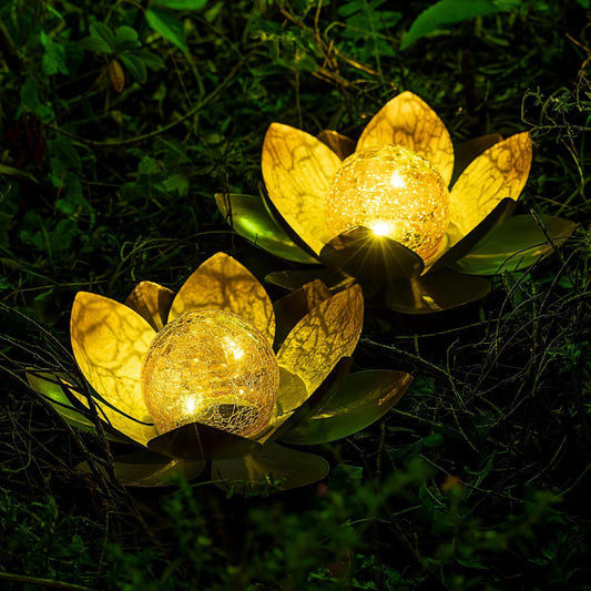 Garden Solar Lights Outdoor(2Pack) , Amber Crackle Globe Glass Lotus Decoration , Waterproof Orange Metal LED Flower Lights for Patio,Lawn,Walkway,Tabletop,Ground, Garden Gifts for Women