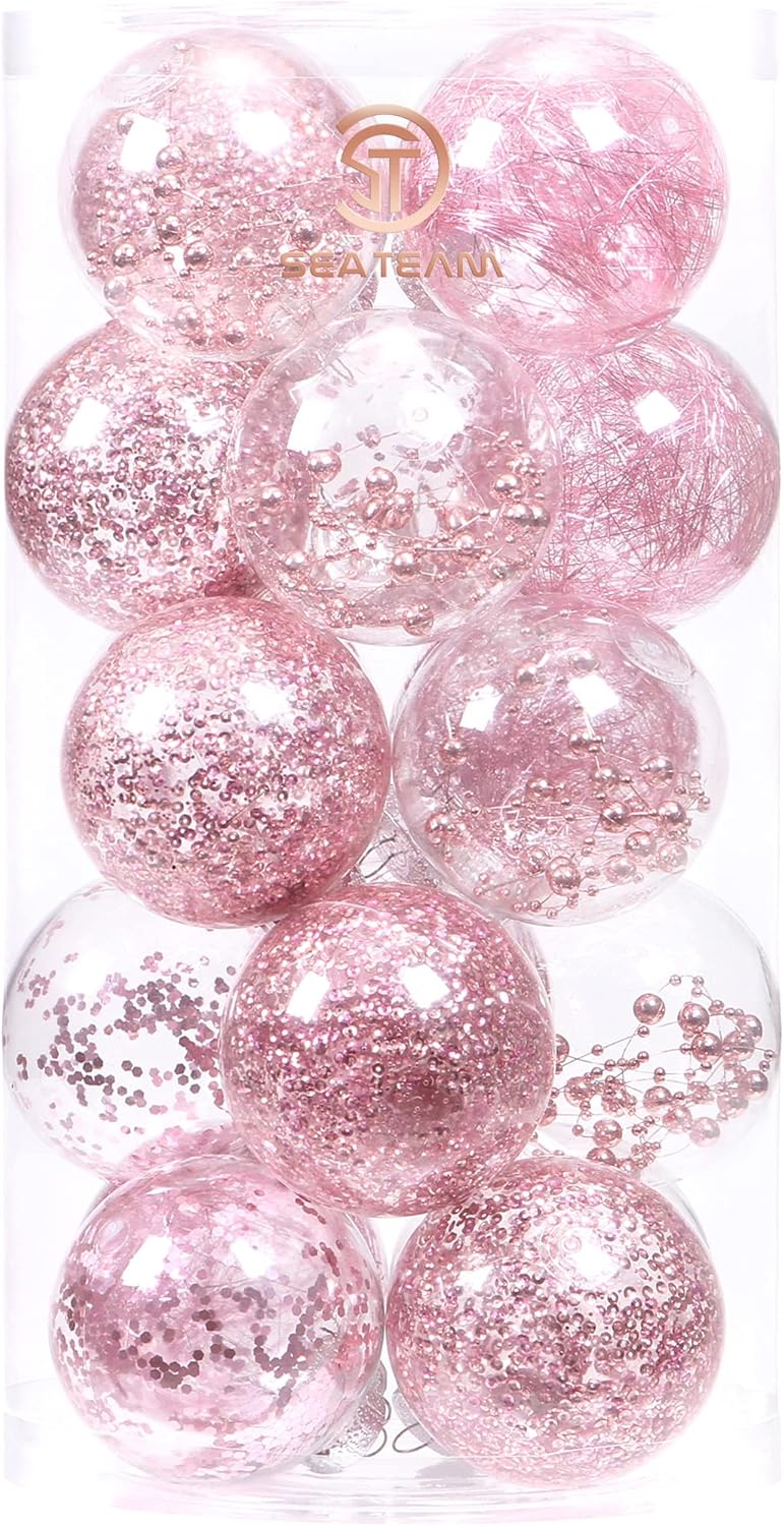 Sea Team Shatterproof Clear Plastic Christmas Ball Ornaments Decorative Xmas Balls Baubles Set with Stuffed Delicate Decorations (80mm/3.15 inch 20-Pack, Pink)