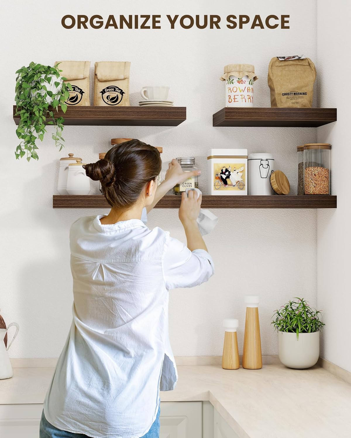 Marsmiles 36" Floating Shelves for Wall, Wooden Shelves with Invisible Brackets Set of 2, Rustic Farmhouse Wall Mounted Shelf for Kitchen Bathroom Living Room Study, Walnut