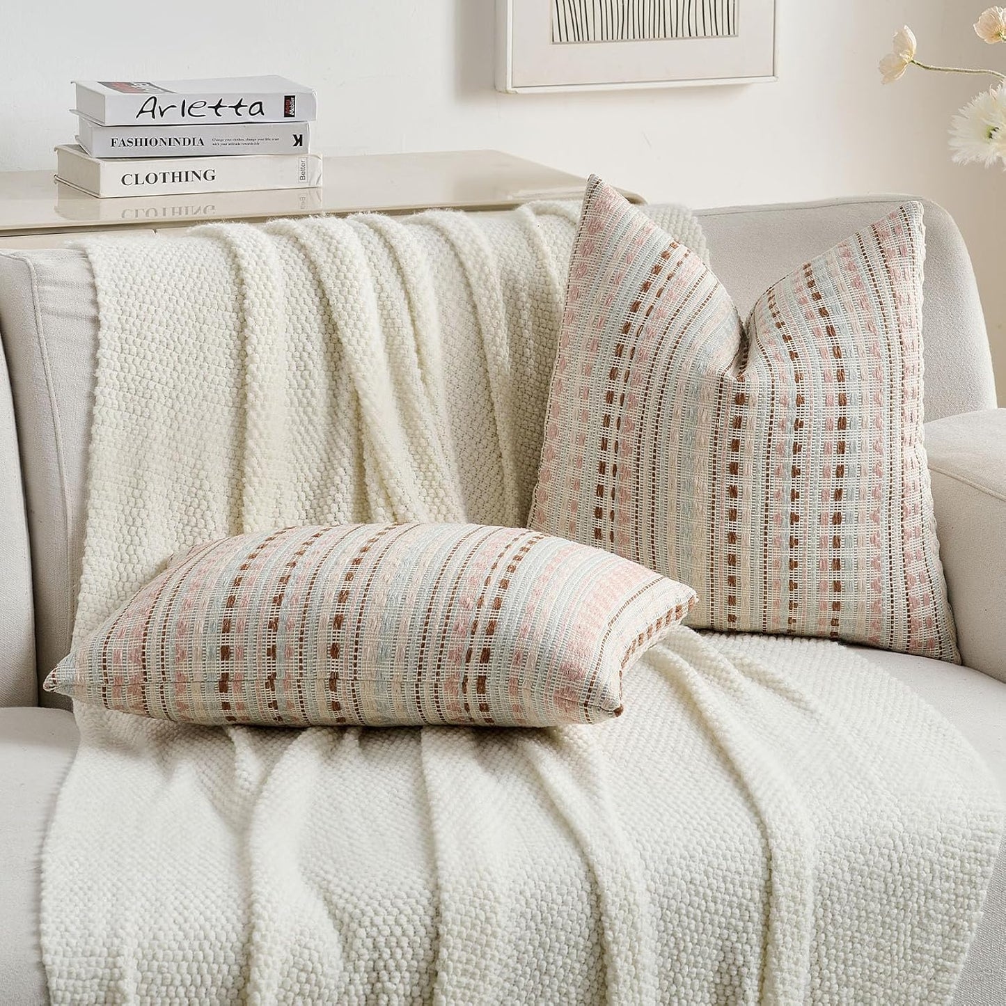 FUTEI Pink Blue Decorative Throw Pillow Covers 12x20 Inch Set of 2,Soft Cozy Chenille Jacquard Textured Pillow Case,Boho Home Decor for Couch Bed Living Room