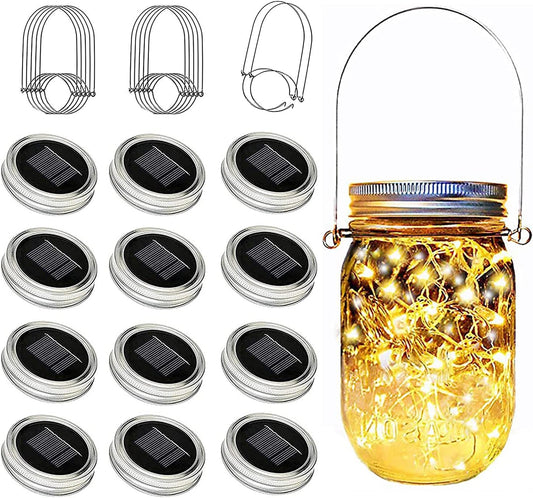 12 Pack Solar Mason Jar Lid Lights - 30 LED Firefly Fairy String Lights, Waterproof Outdoor Solar Lights with Hangers for Regular Mouth Jars (No Jars Included)