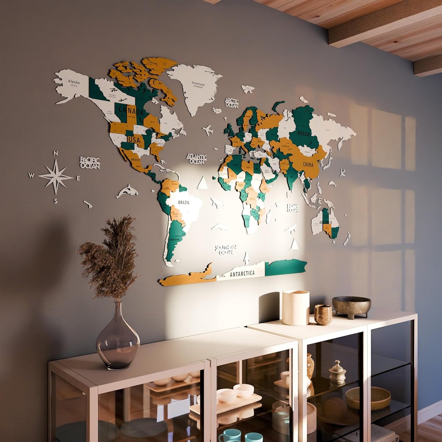 Colorfull Worlds 3D Wooden World Map Wall Art | Unique Wall Decor with Pins for Travel Enthusiasts | Home and Office Wall Décor | Gold-Blue | XXLarge