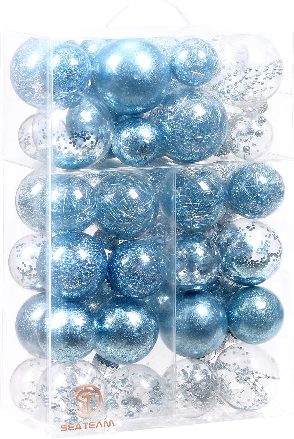 Sea Team Pack of 48 Shatterproof Clear Plastic Christmas Baubles Multi-Size Decorative Christmas Baubles with Stuffed Delicate Decorations (Babyblue)